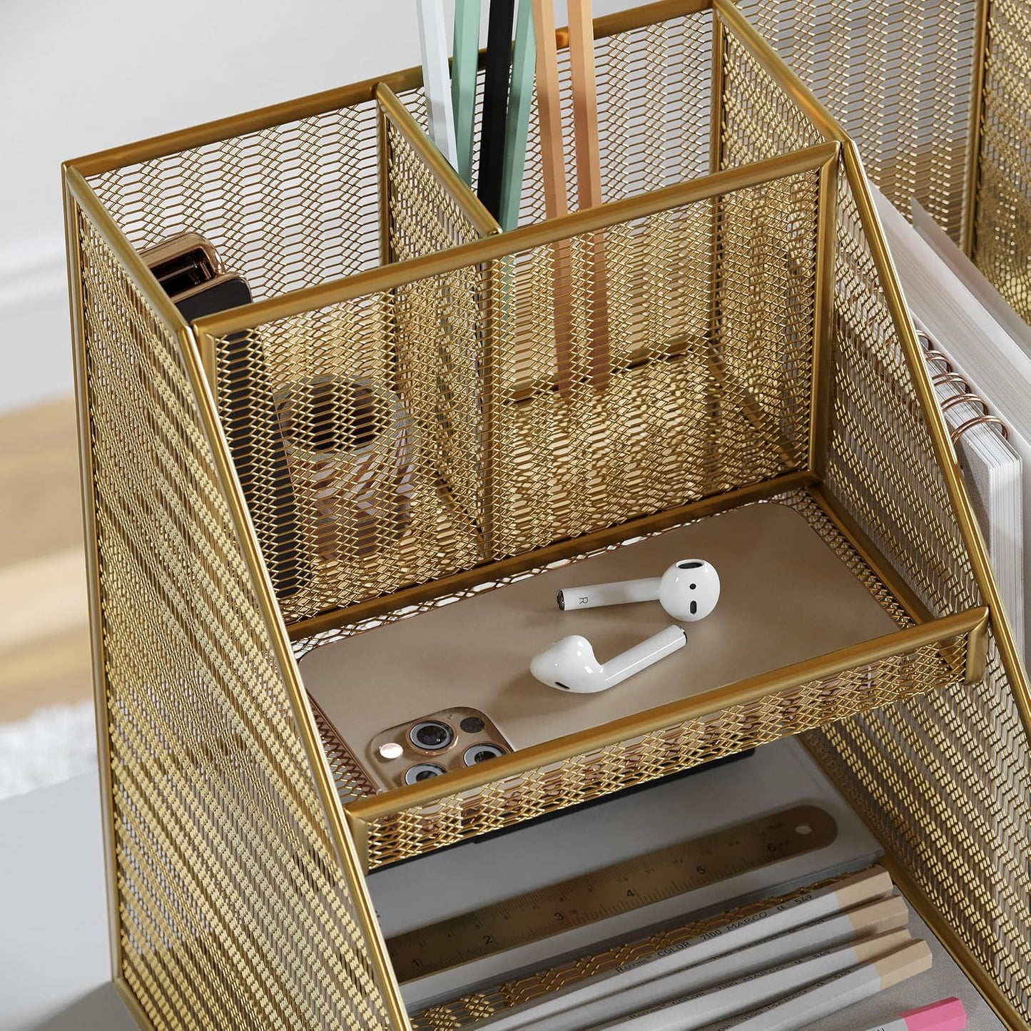 Martha Stewart Ryder Mesh Metal Magazine File Holder, Gold | Steel Mesh, Gold Finish