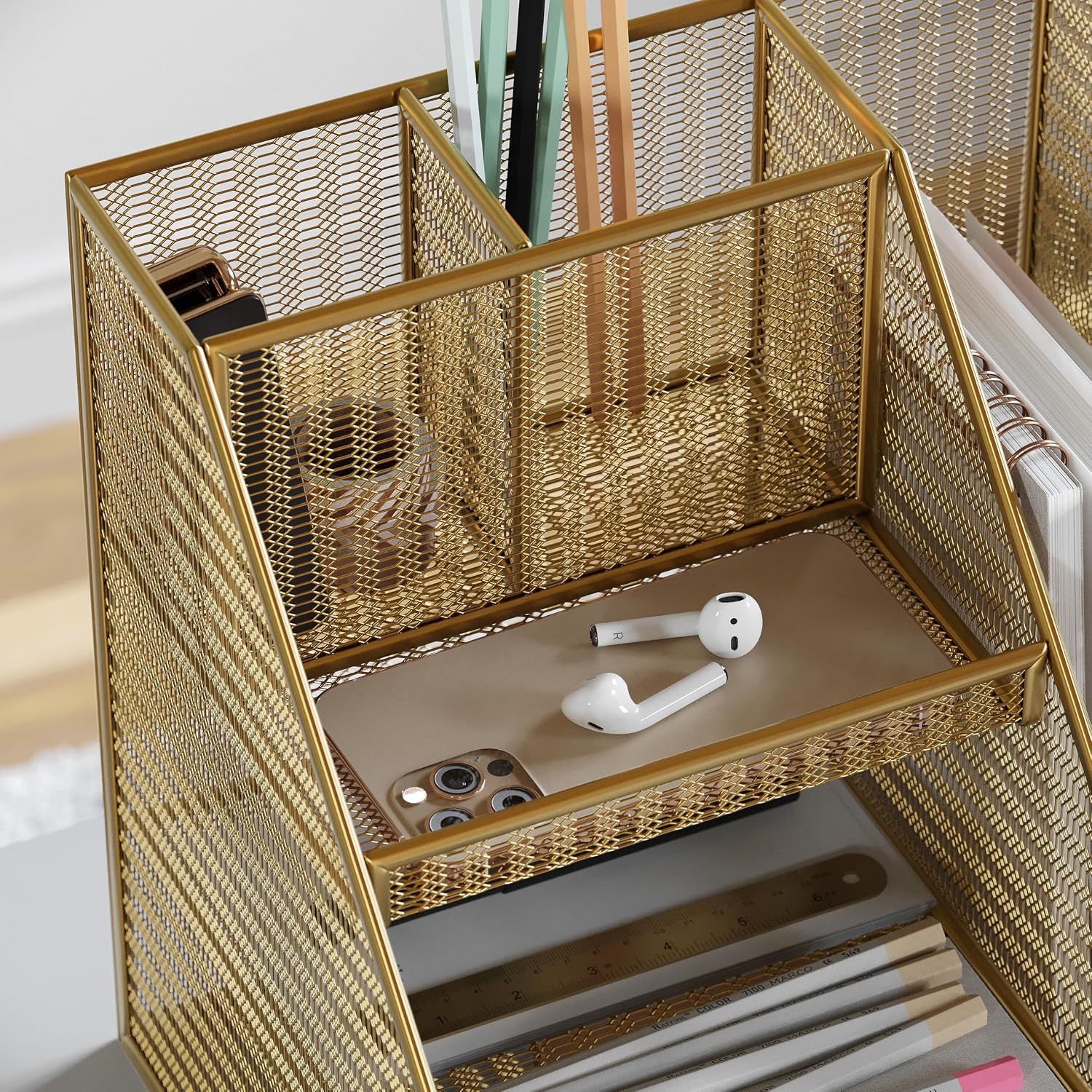 Martha Stewart Ryder Mesh Metal Magazine File Holder, Gold | Steel Mesh, Gold Finish
