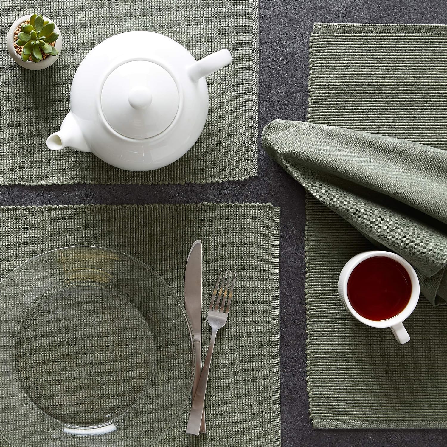DII Basic Everyday Ribbed Tabletop 100% Cotton, Placemat Set, 13x19, Artichoke, 6 Piece