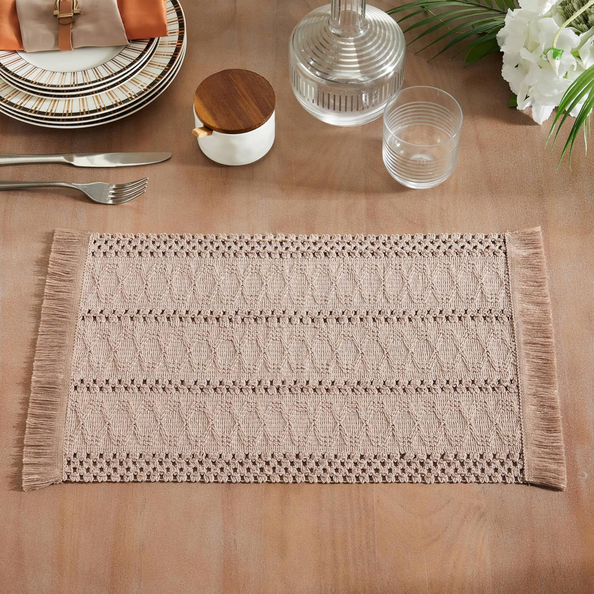 Macrame Style Boho Placemats Set of 6, Taupe 12x20 Inch | Decorative Farmhouse Table Mats, Natural Cotton Woven Place