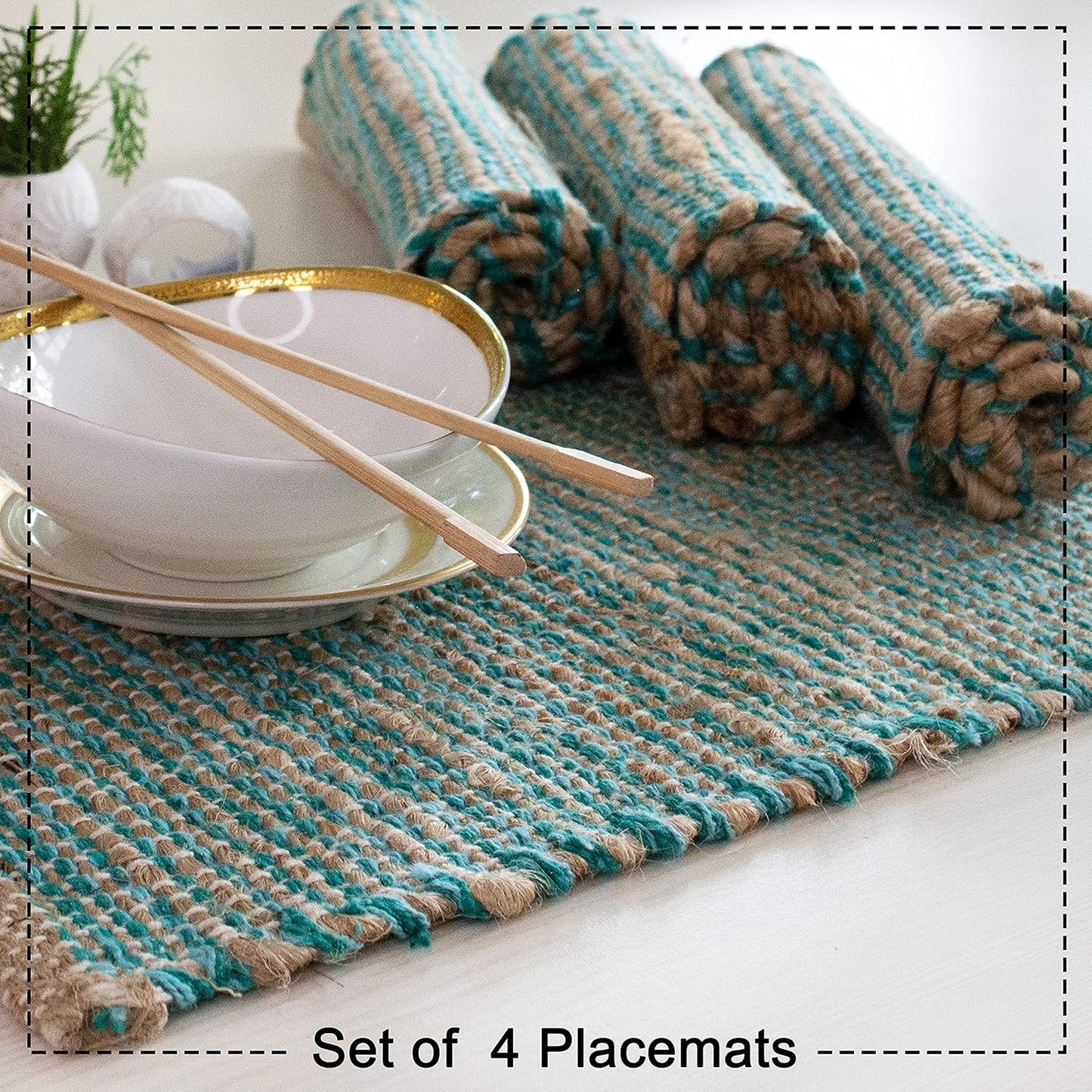 Natural Jute & Aqua Turquoise Placemats, Set of 4 – Rustic Handmade Boho Table Mats, 13x19 in Dining Table Placemats