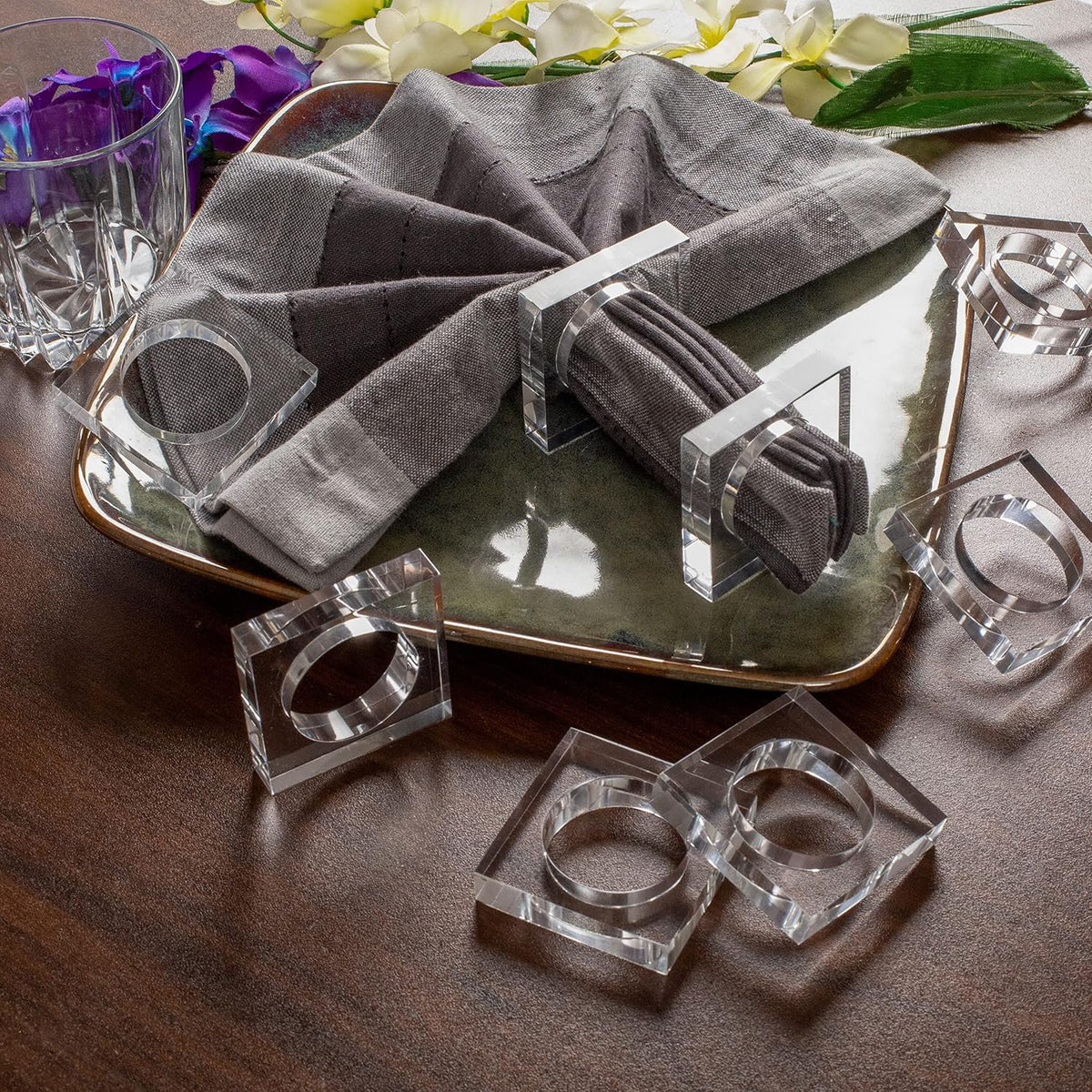 Acrylic Square Napkin Rings, Beveled, 12-Pack, Clear | Premium clear acrylic, 2.25x2.25x0.5 in each, glossy