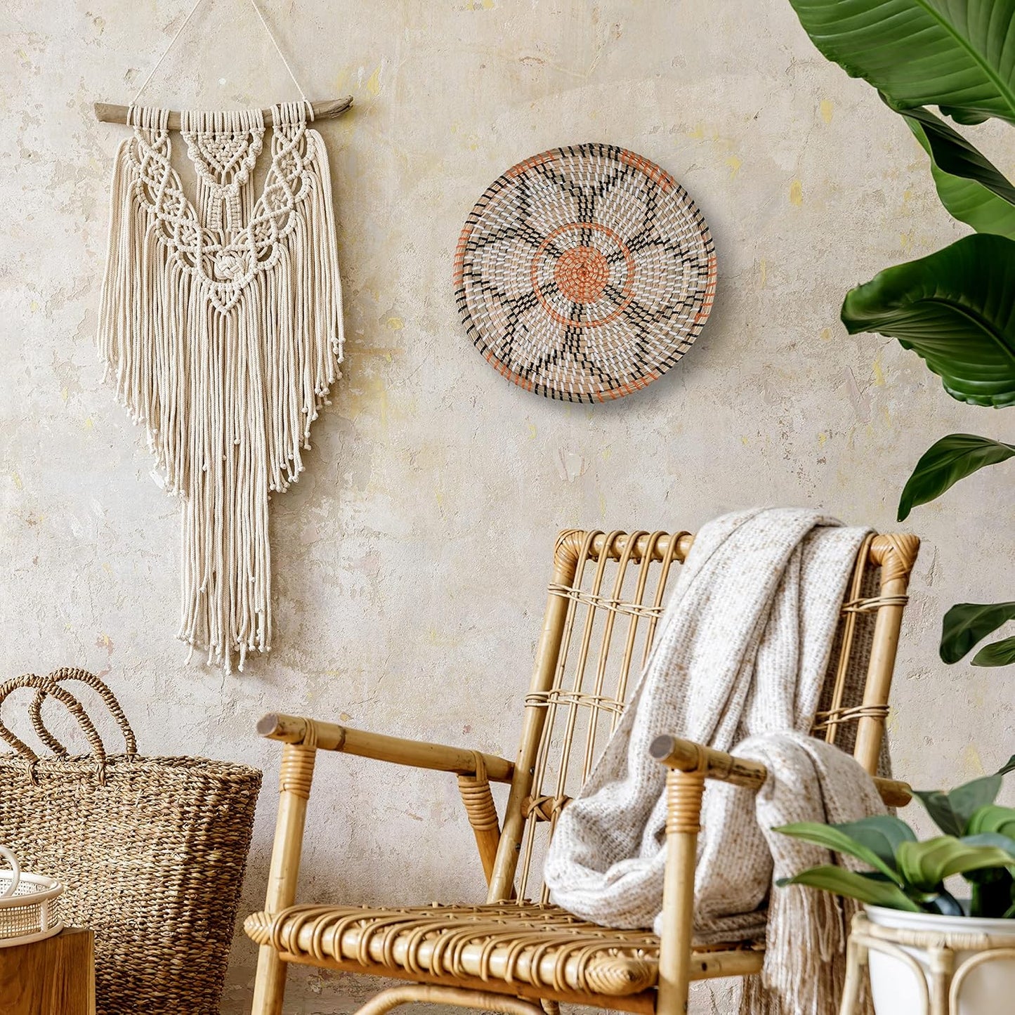 Modern Boho Rustic Wicker Hanging Wall Baskets / Natural / Set of 3