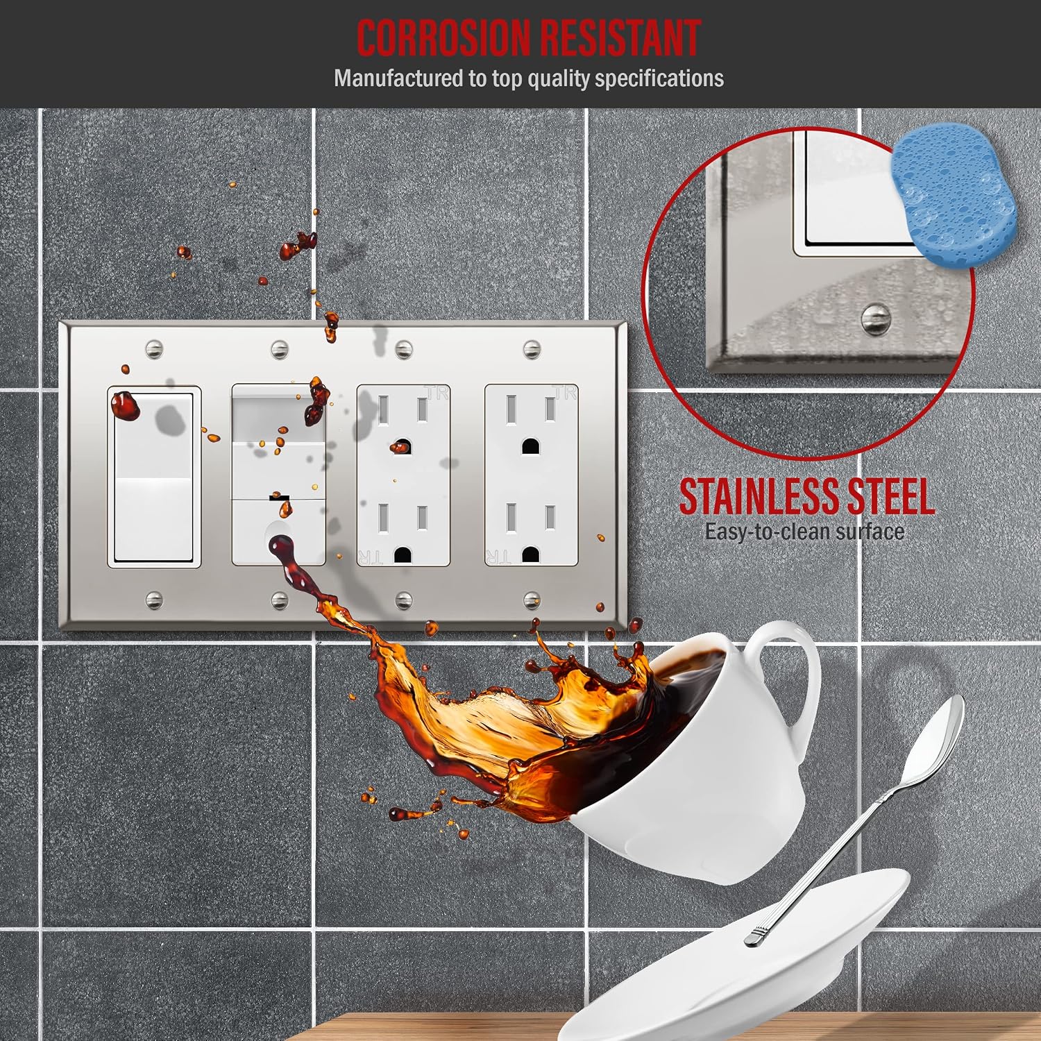 ENERLITES Decorator Switch Metal Wall Plate, 4-Gang Polished Chrome, Silver | Fits quad decorator switches; Rust-proof