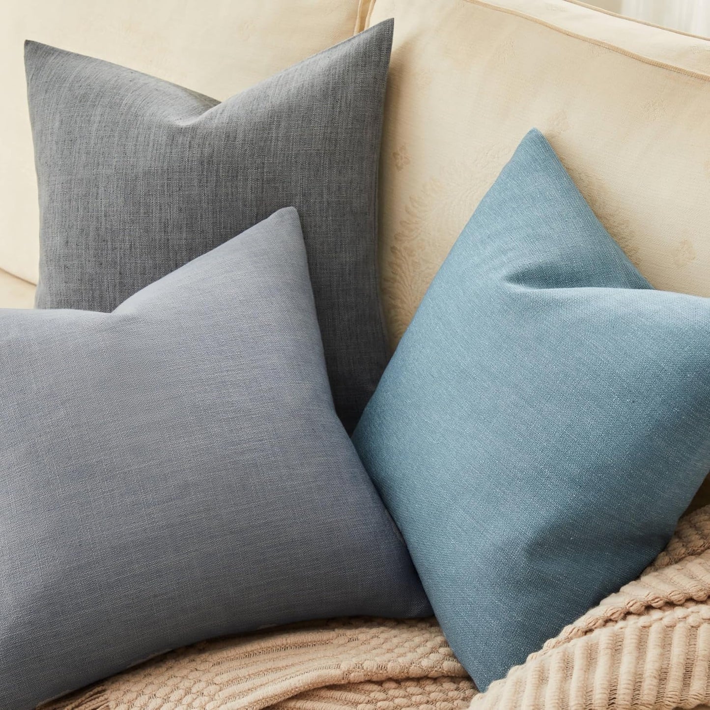 Rustic Cotton Linen Throw Pillow Covers / Blue Ashes / 18 x 18 / Set of 2