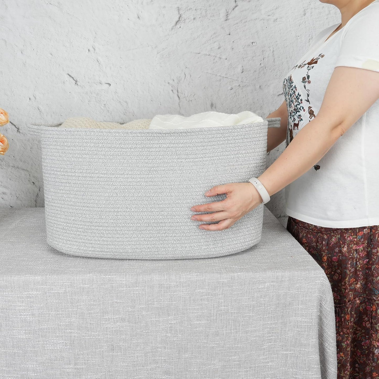 Large Rectangle Blankets Basket Living Room " Woven Cotton Rope Storage / Grey / 22 x 17 x 12