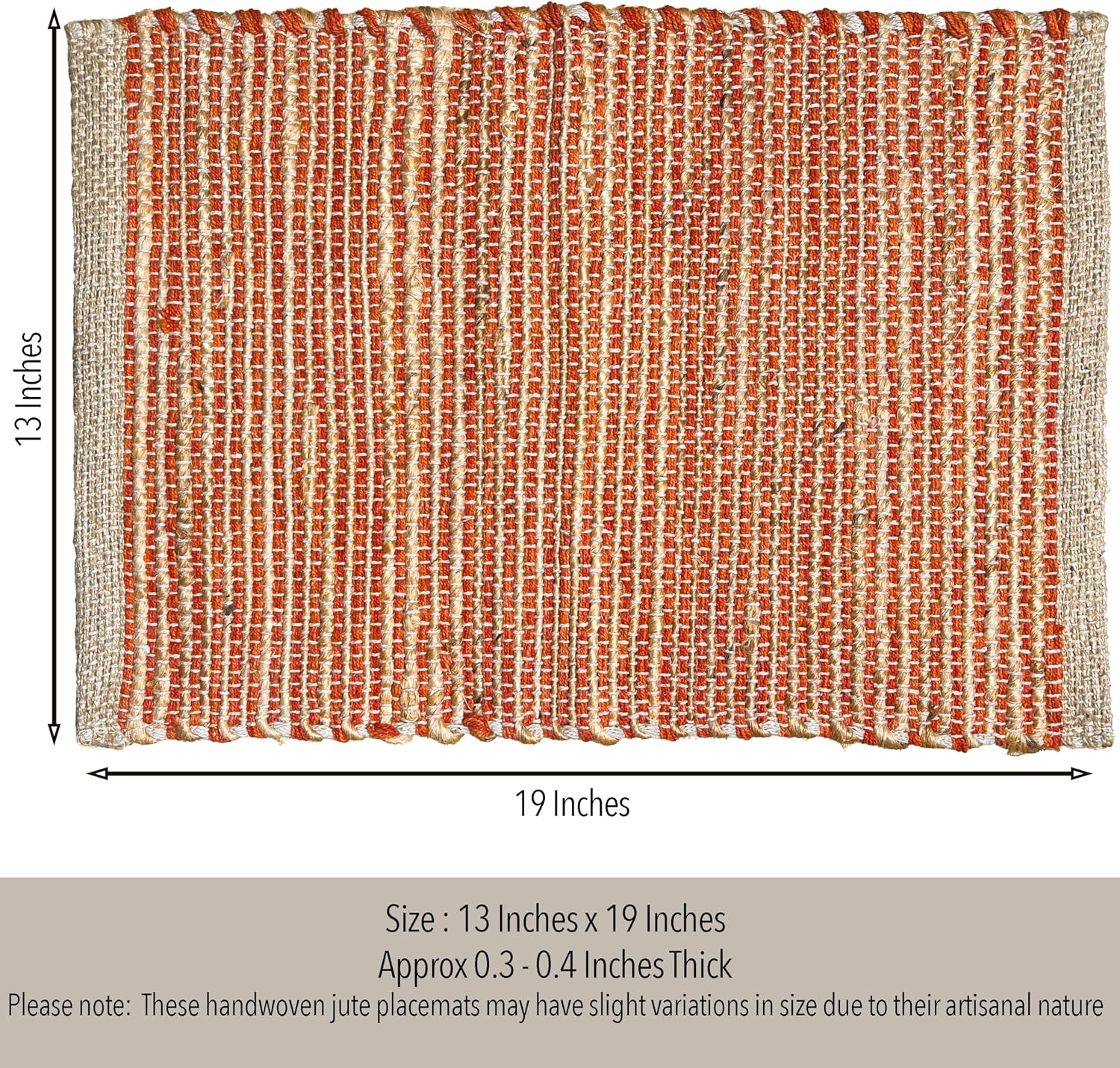 Natural Jute & Rust Orange Placemats, Set of 4 – Rustic Handmade Boho Table Mats, 13x19 Inch Dining Table Placemats for