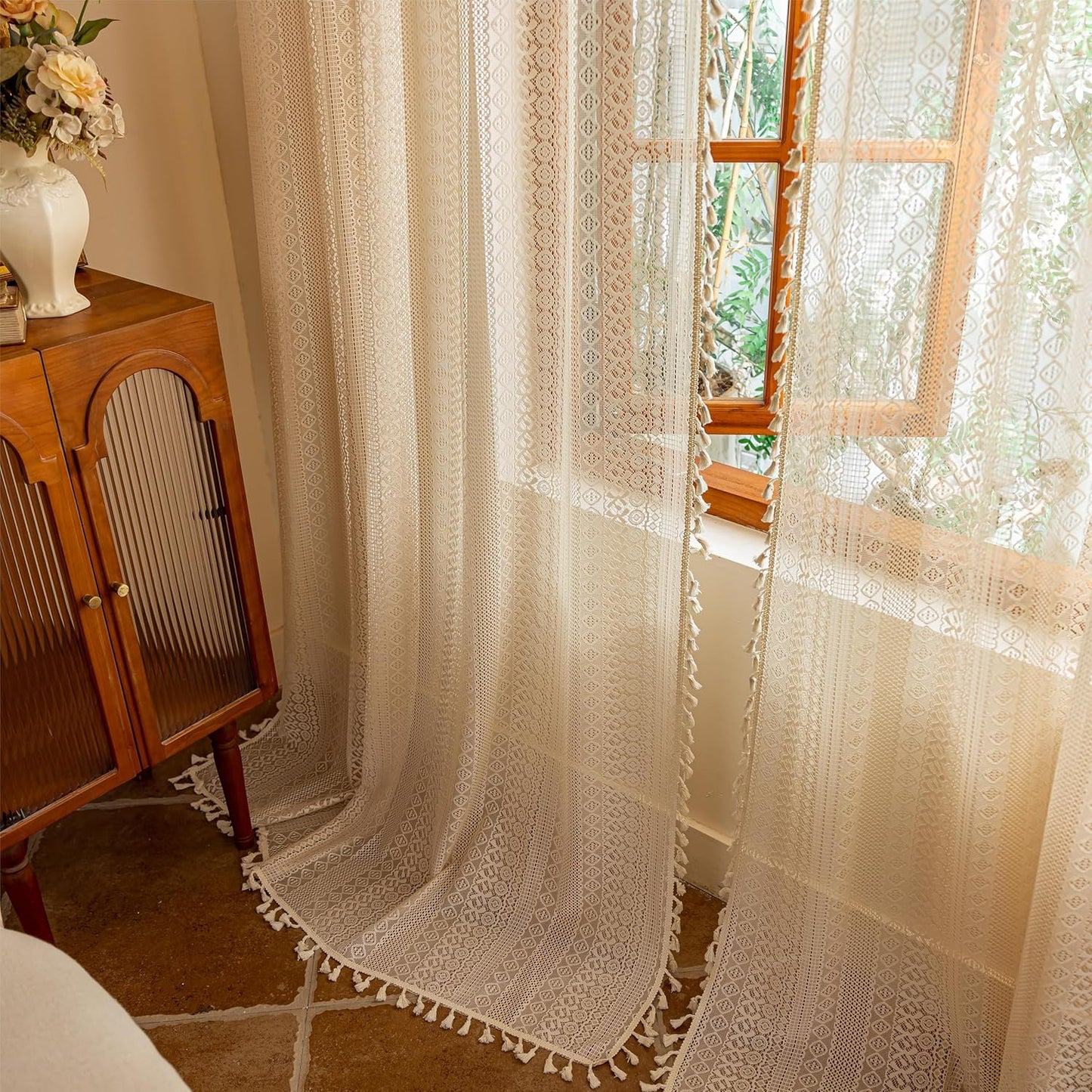 Boho Lace Curtains Long / Beige / 50"W x 84"L / 84 Inch / Set of 2
