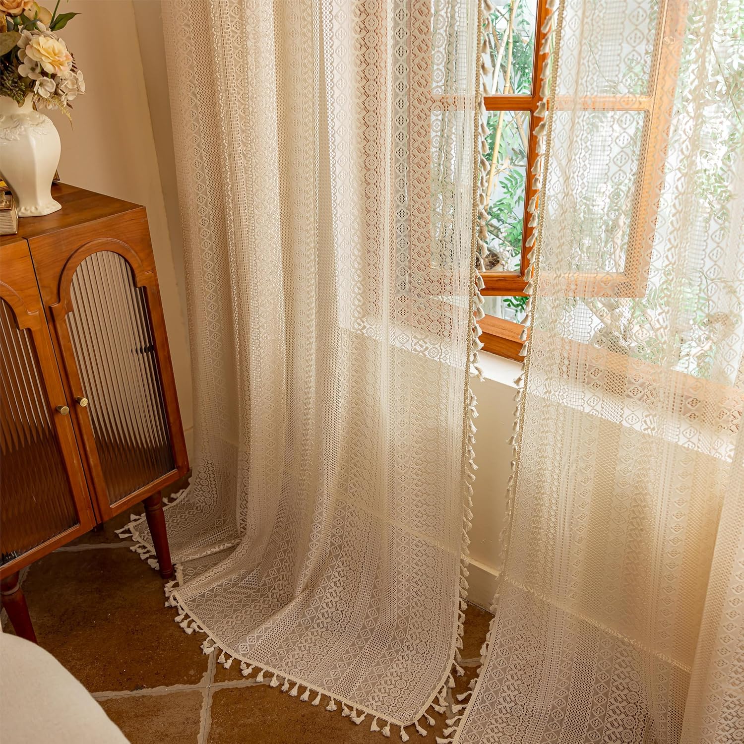 Boho Lace Curtains Long / Beige / 50"W x 84"L / 84 Inch / Set of 2