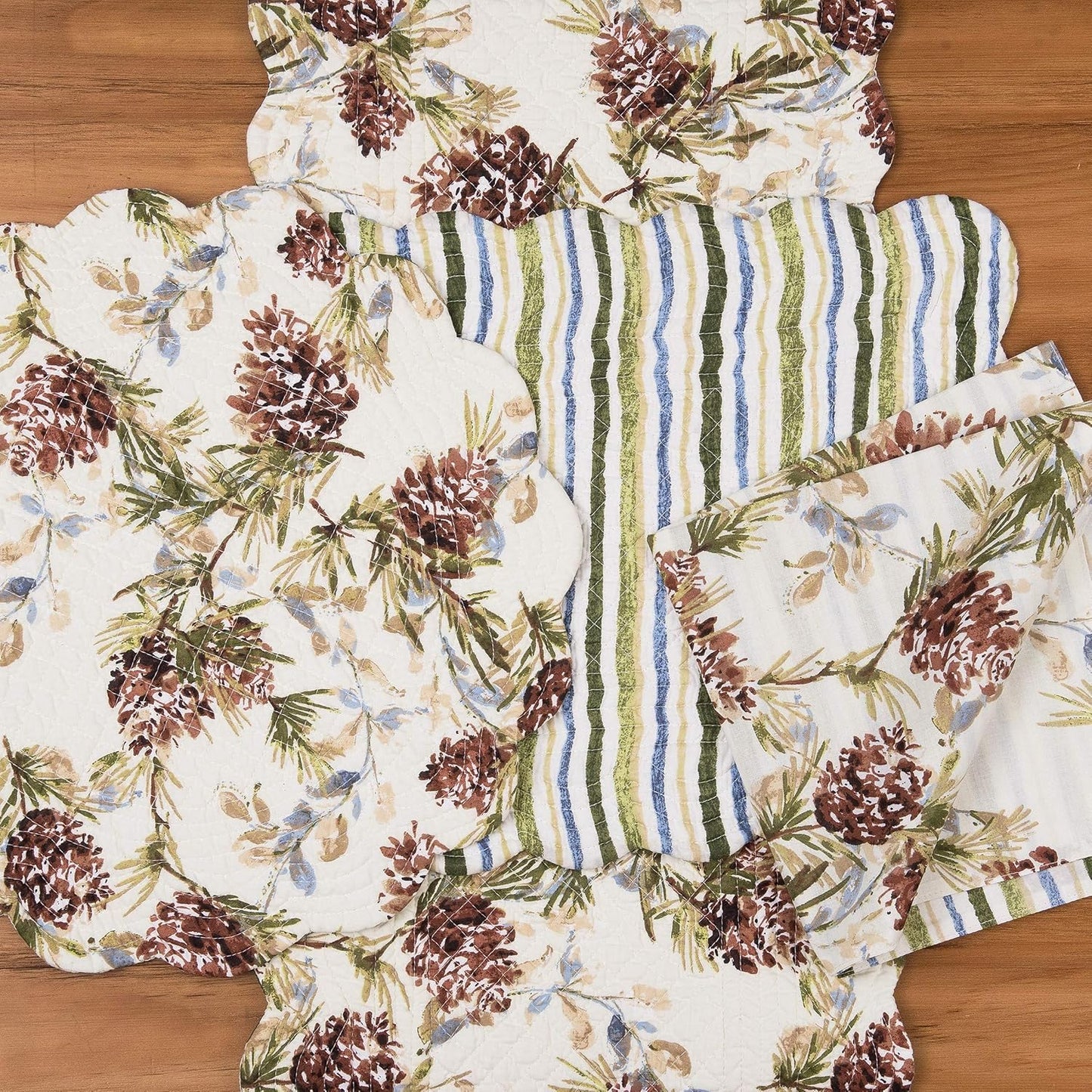 C&F Home Cooper Pines Pinecone Lodge Cotton Quilted Placemats Set of 6 Reversible Machine Washable Scallop Edge 13" x