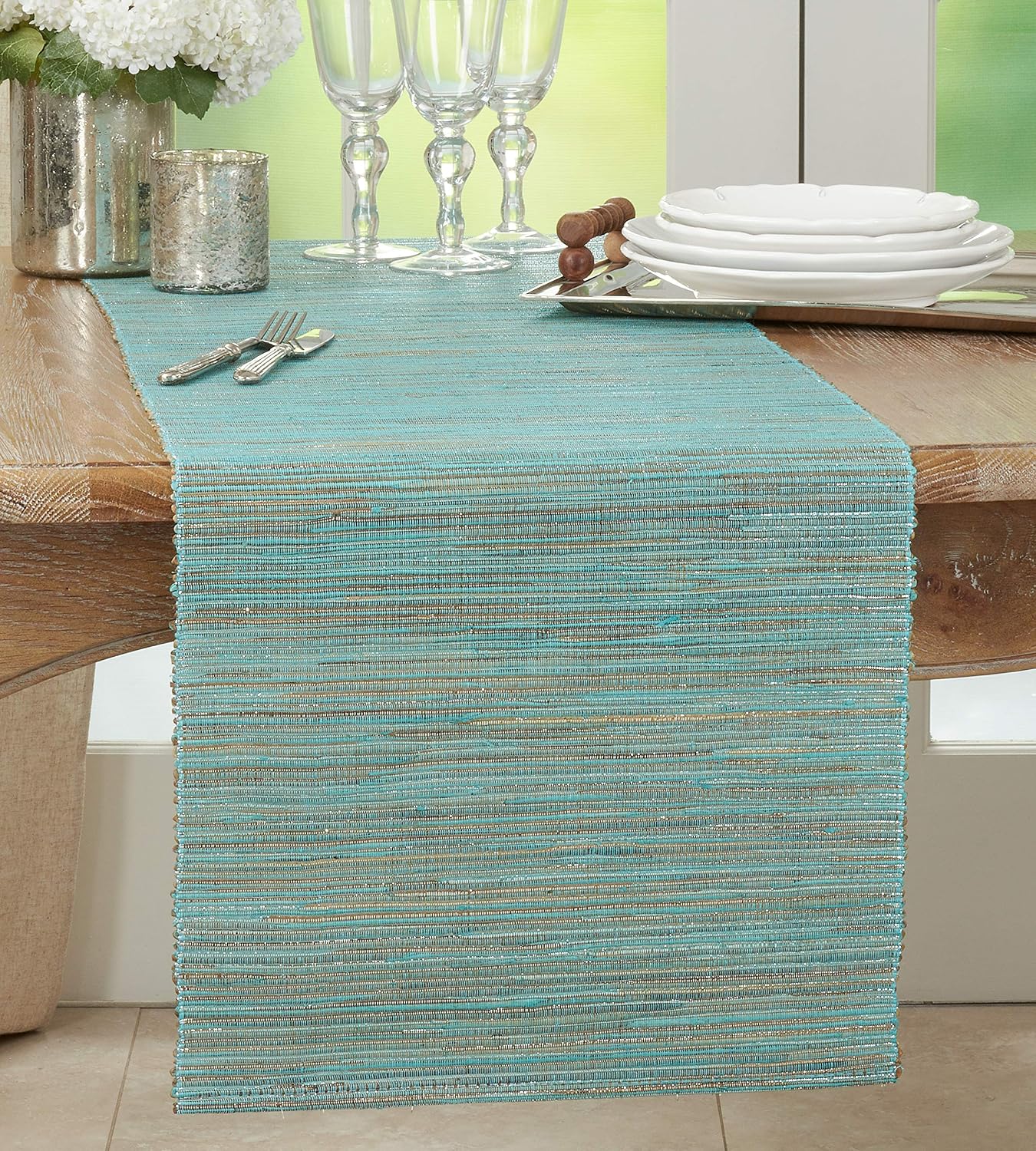 Saro Lifestyle Melaya Collection Shimmering Woven Nubby Table Runner, 14"x54", Turquoise