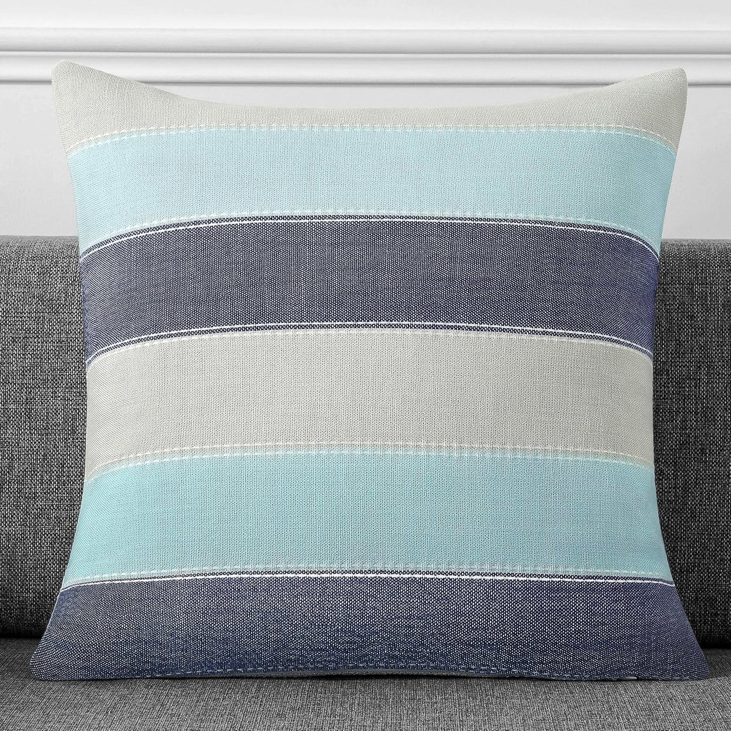 Farmhouse Stripe Check Throw Pillow Covers Set Case Cotton Linen / 18 x 18 / Blue Beige / Set of 2