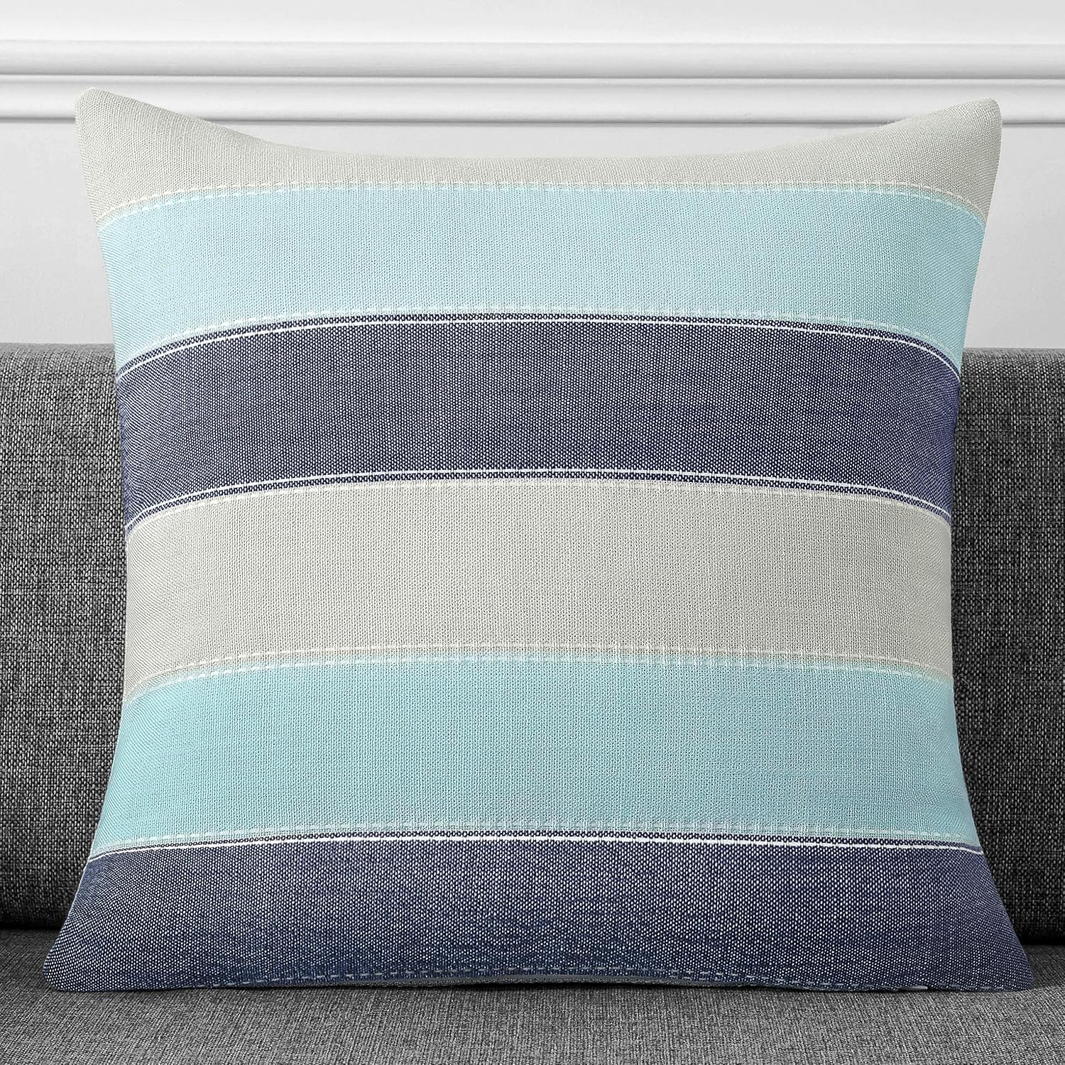 Farmhouse Stripe Check Throw Pillow Covers Set Case Cotton Linen / 18 x 18 / Blue Beige / Set of 2