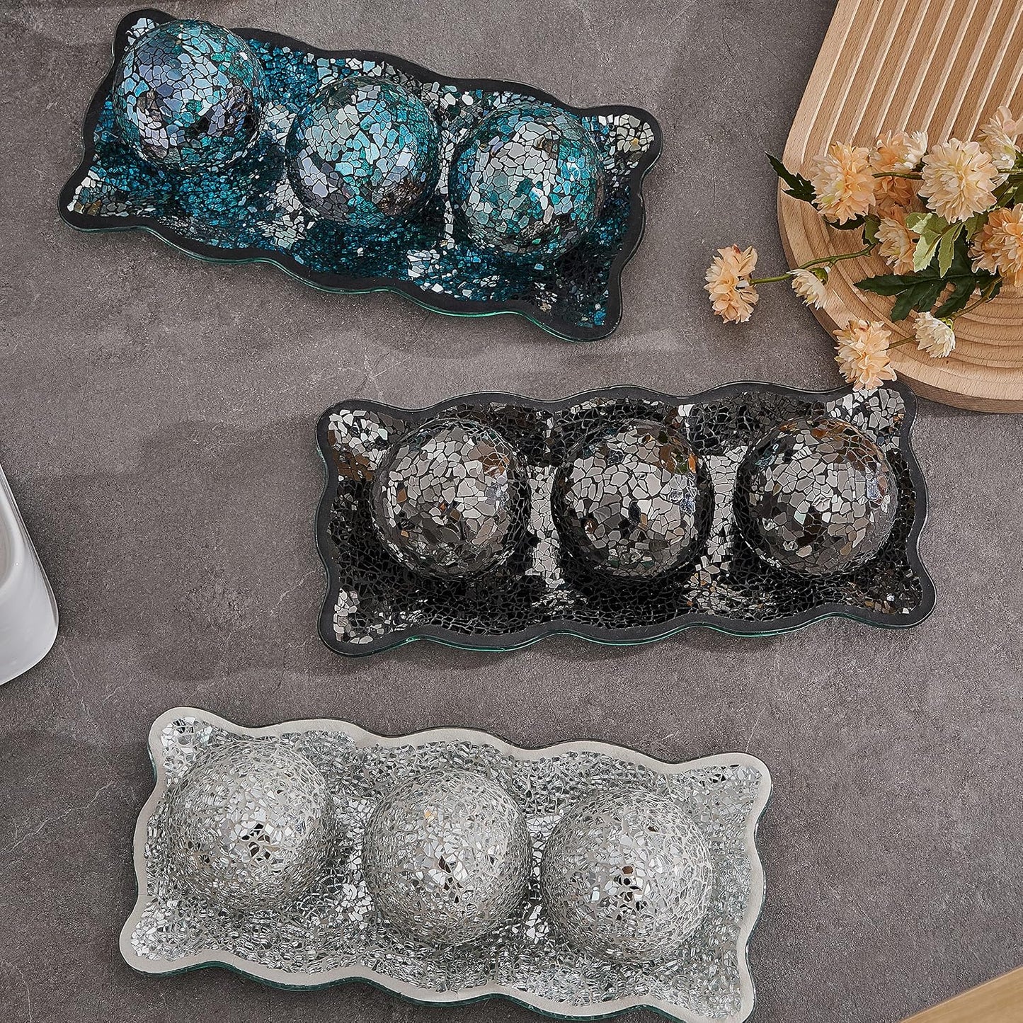 12.4" Mosaic Glass Decorative Tray Dish Plate / Black / Set of 3