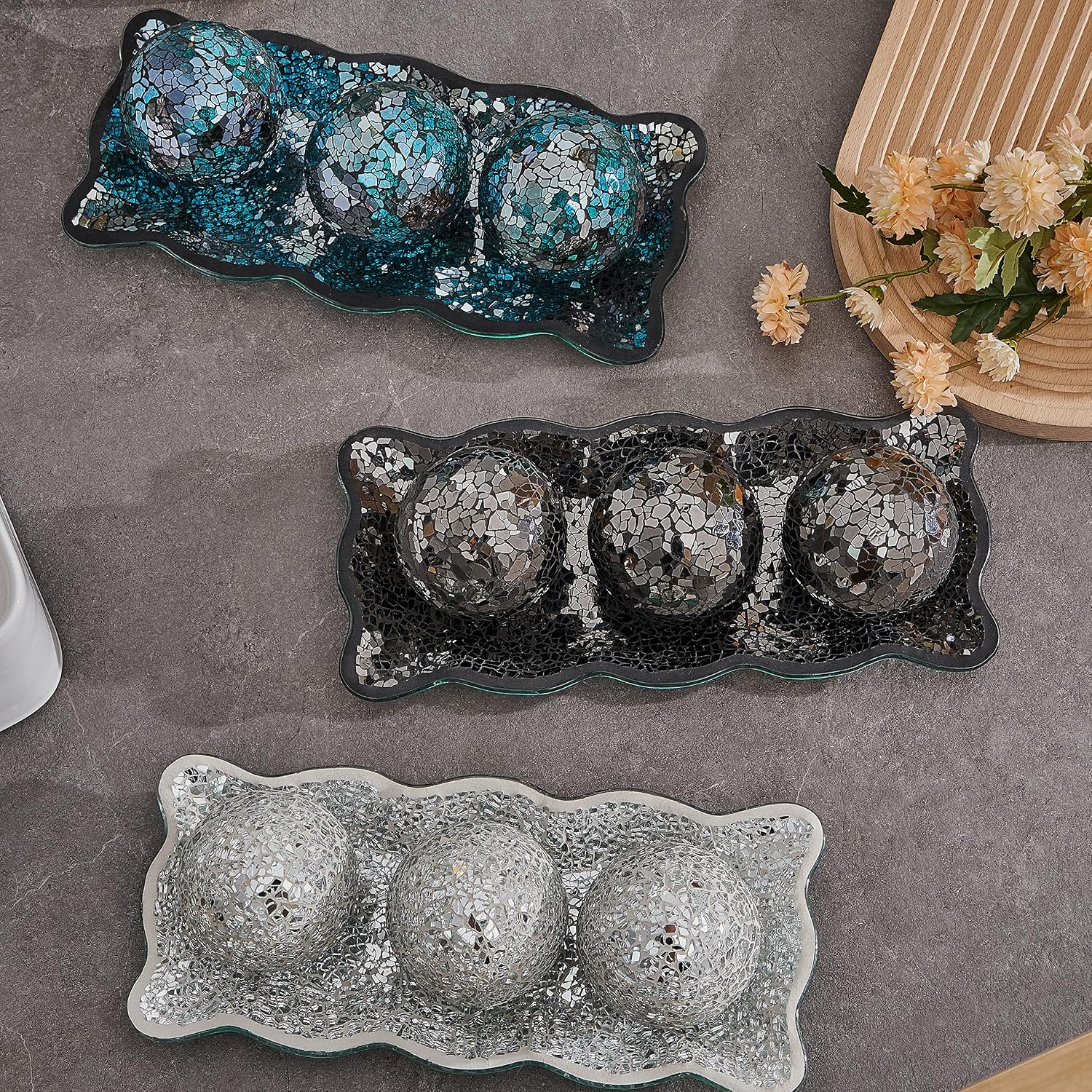 12.4" Mosaic Glass Decorative Tray Dish Plate / Black / Set of 3