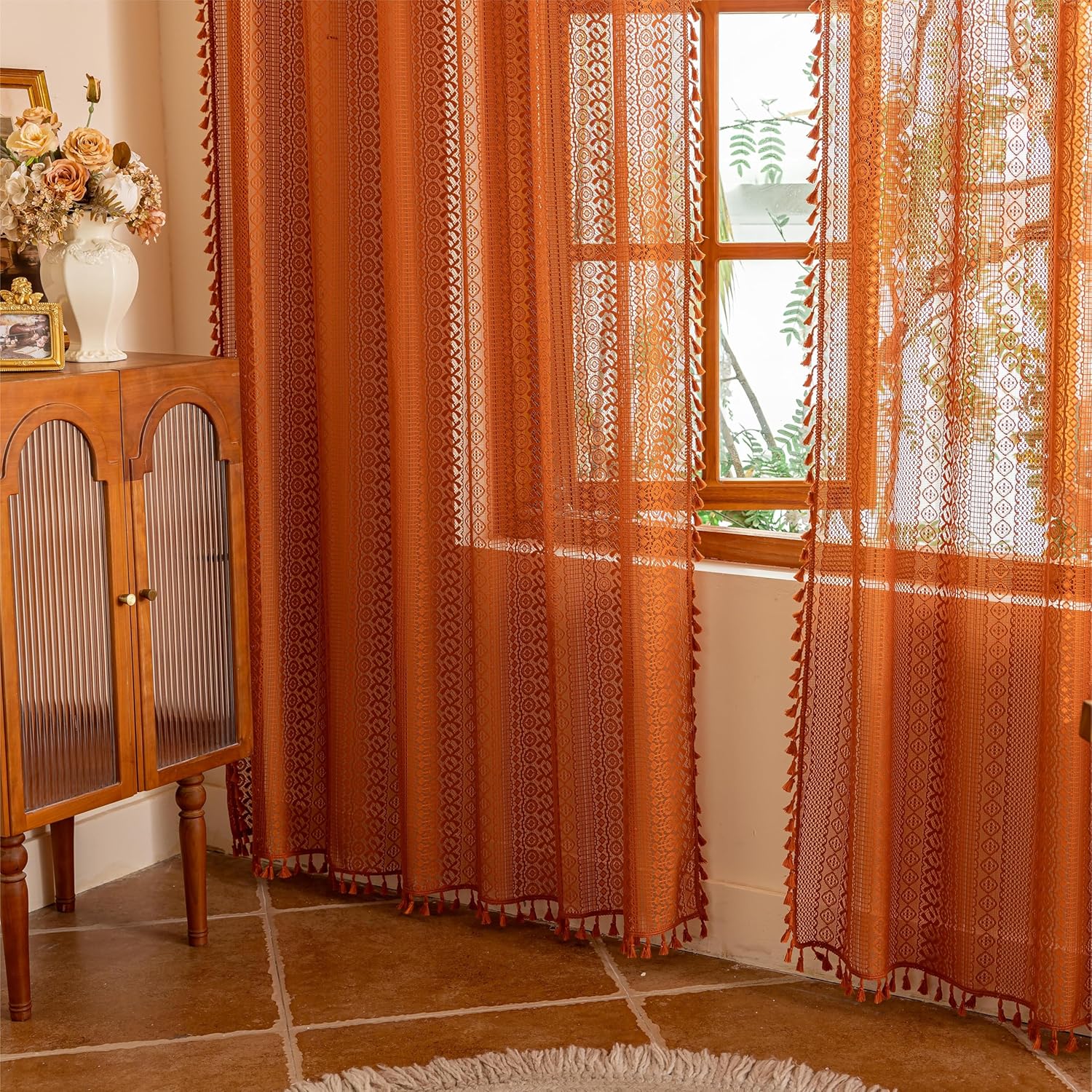 Boho Lace Curtains 2 Panels Long / Terracotta / 50"W x 84"L / Orange / 84 Inch