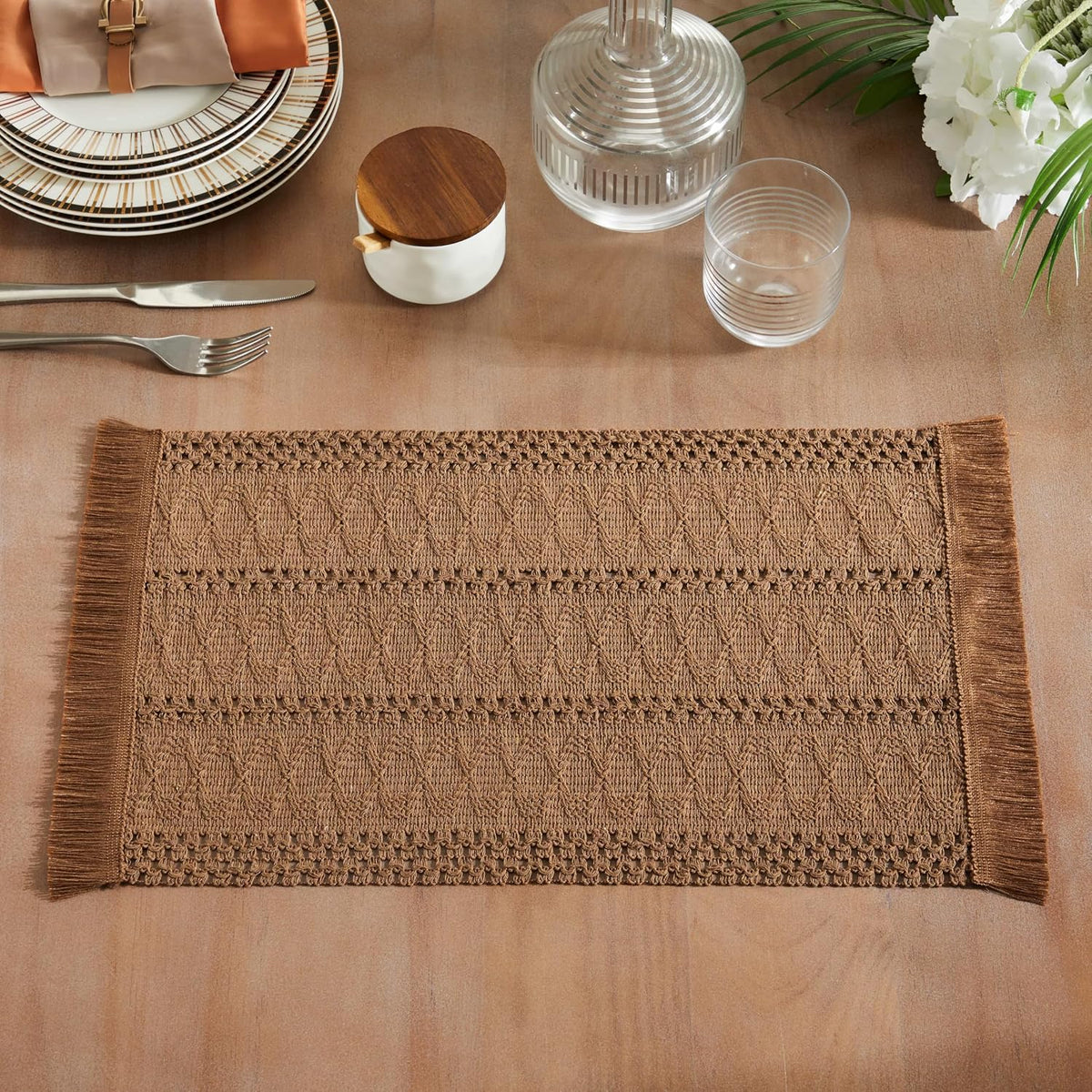 Macrame Style Boho Placemats Set of 6, Caramel 12x20 Inch | Decorative Farmhouse Table Mats, Natural Cotton Woven Place