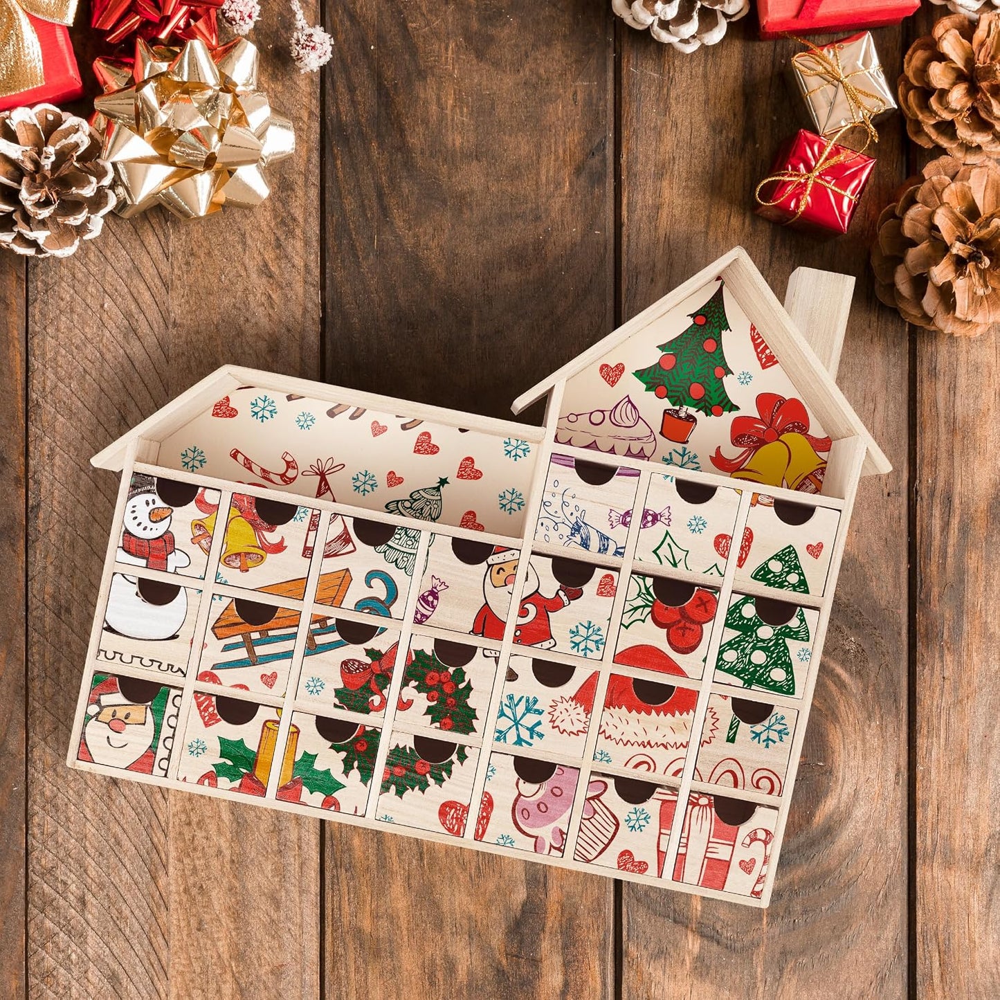 Sunlit Christmas Wooden Advent Calendar with Drawers, Unfinished Wooden, Chalet Shaped Countdown Calendar Ready to
