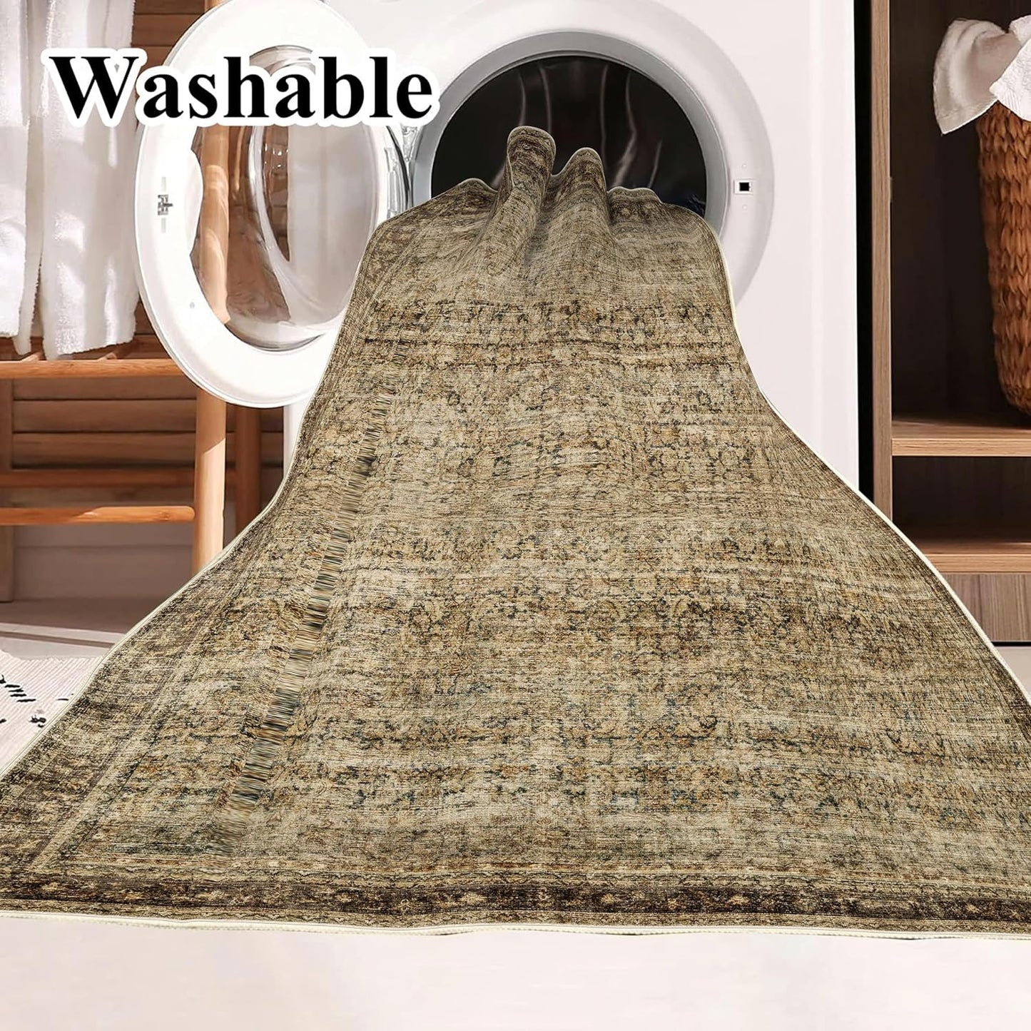 Area Rug Washable Rug Brown Vintage Traditional Mat Distressed Indoor / Green and Brown / 8' x 10