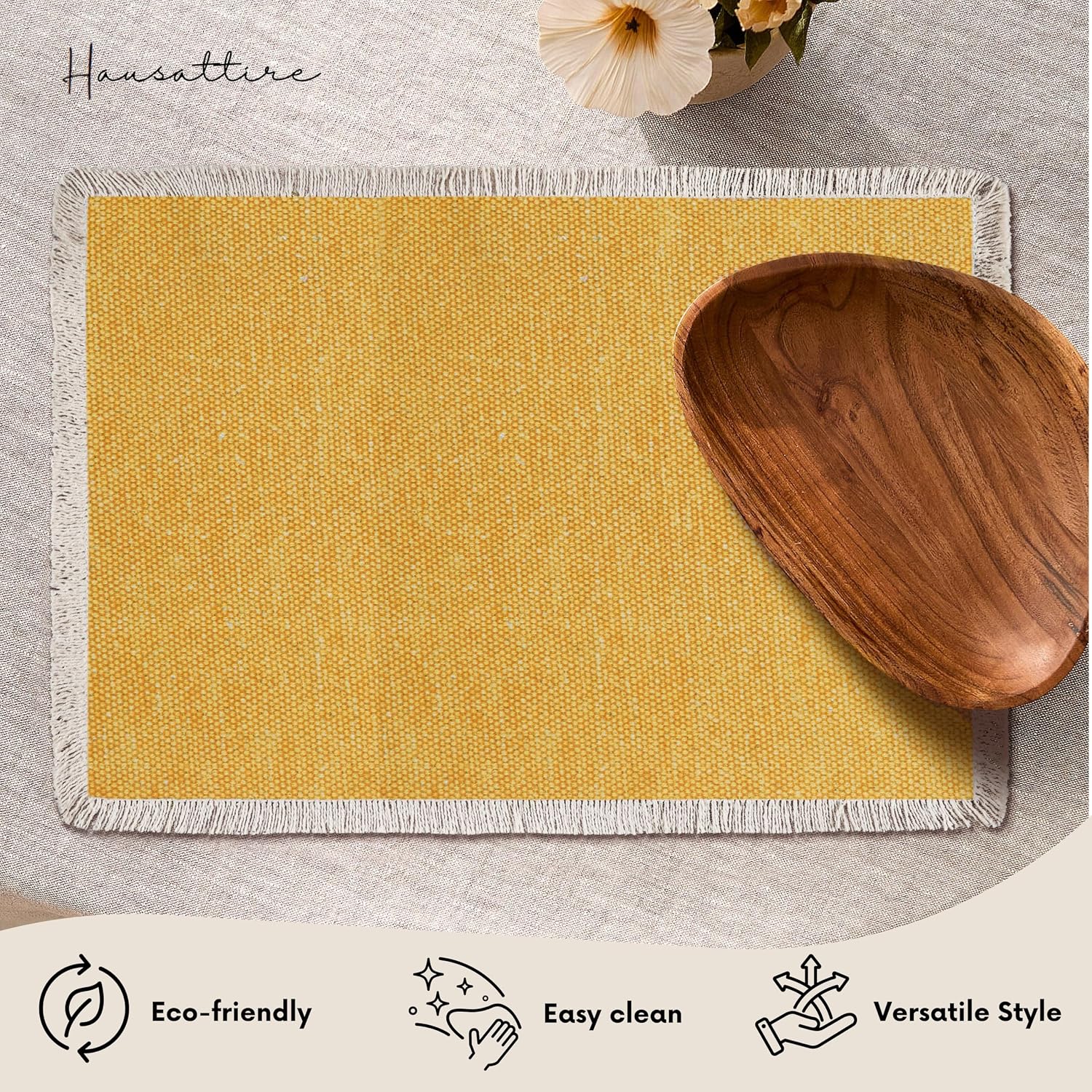 Hausattire Cotton Frayed Placemats Set of 6 Dining Table 13x19 Inch | Rustic Vintage Boho Washable Easter Placemat for