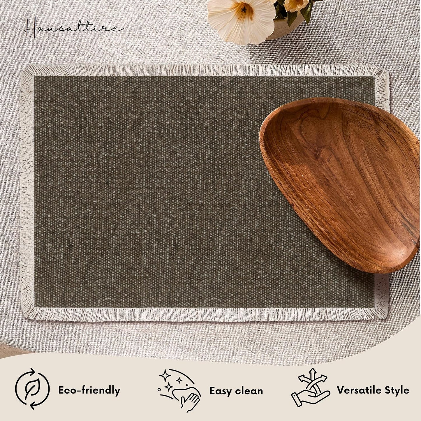 Hausattire Cotton Frayed Placemats Set of 6 Dining Table 13x19 Inch | Rustic Vintage Boho Washable Easter Placemat for