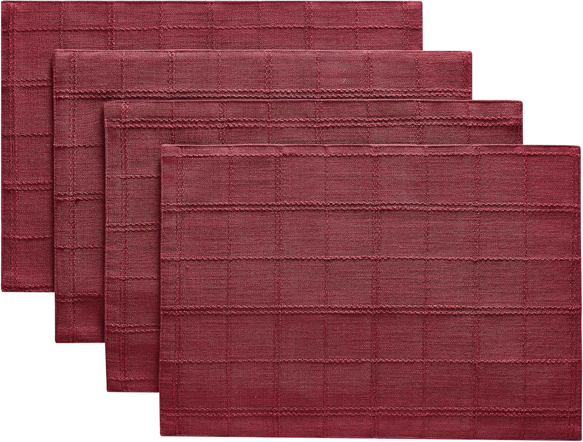 Linen Checked Farmhouse Placemats Set of 4, Burgundy 13x19in | Double Layer, Reversible, Thick Textured Table Mats