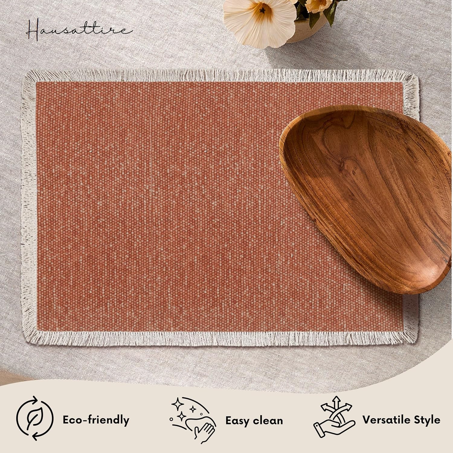 Hausattire Cotton Frayed Placemats Set of 4 Dining Table 13x19 Inch | Rustic Harvest Boho Washable Easter Placemat for