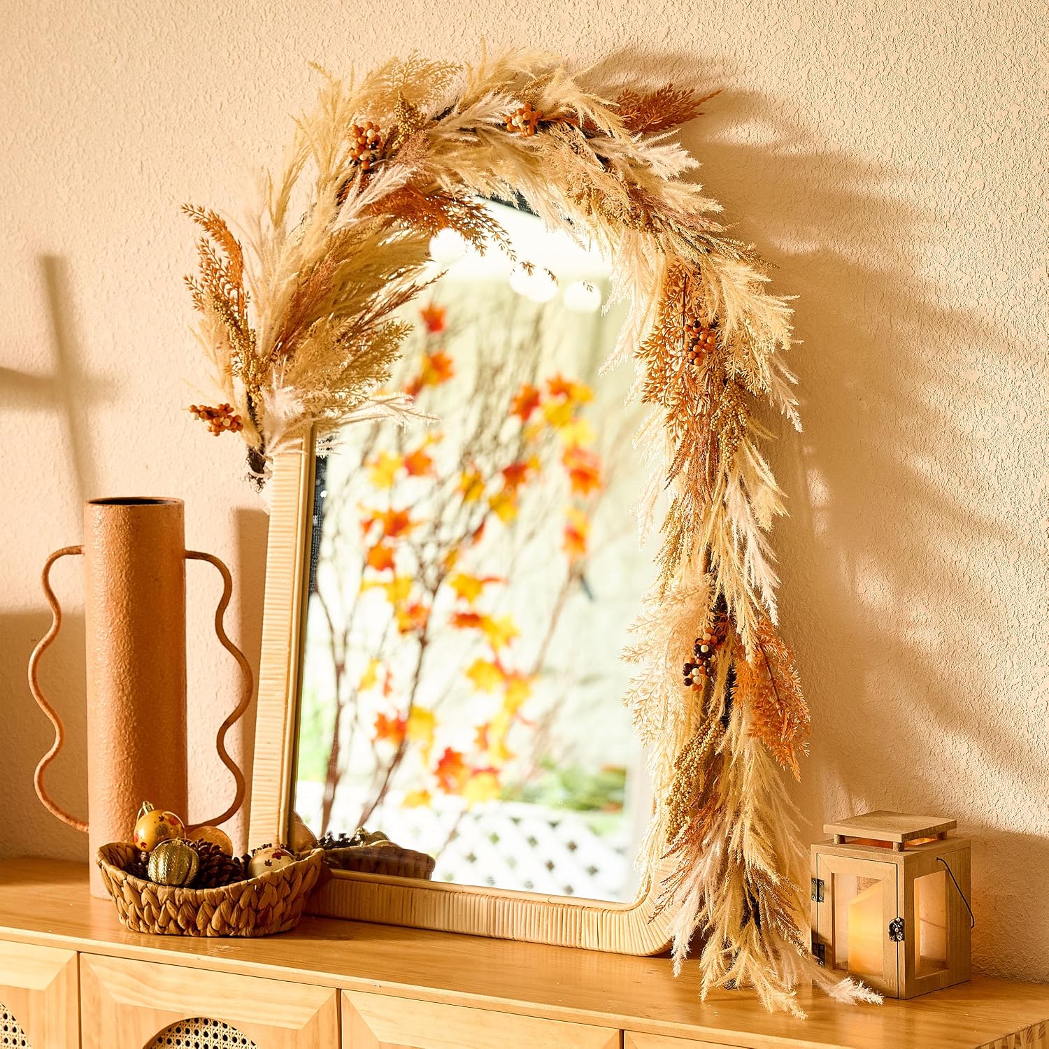 Pre-Lit Light Up Artificial Faux Pampas Grass Garland / Orange and Gold / 6 Inch