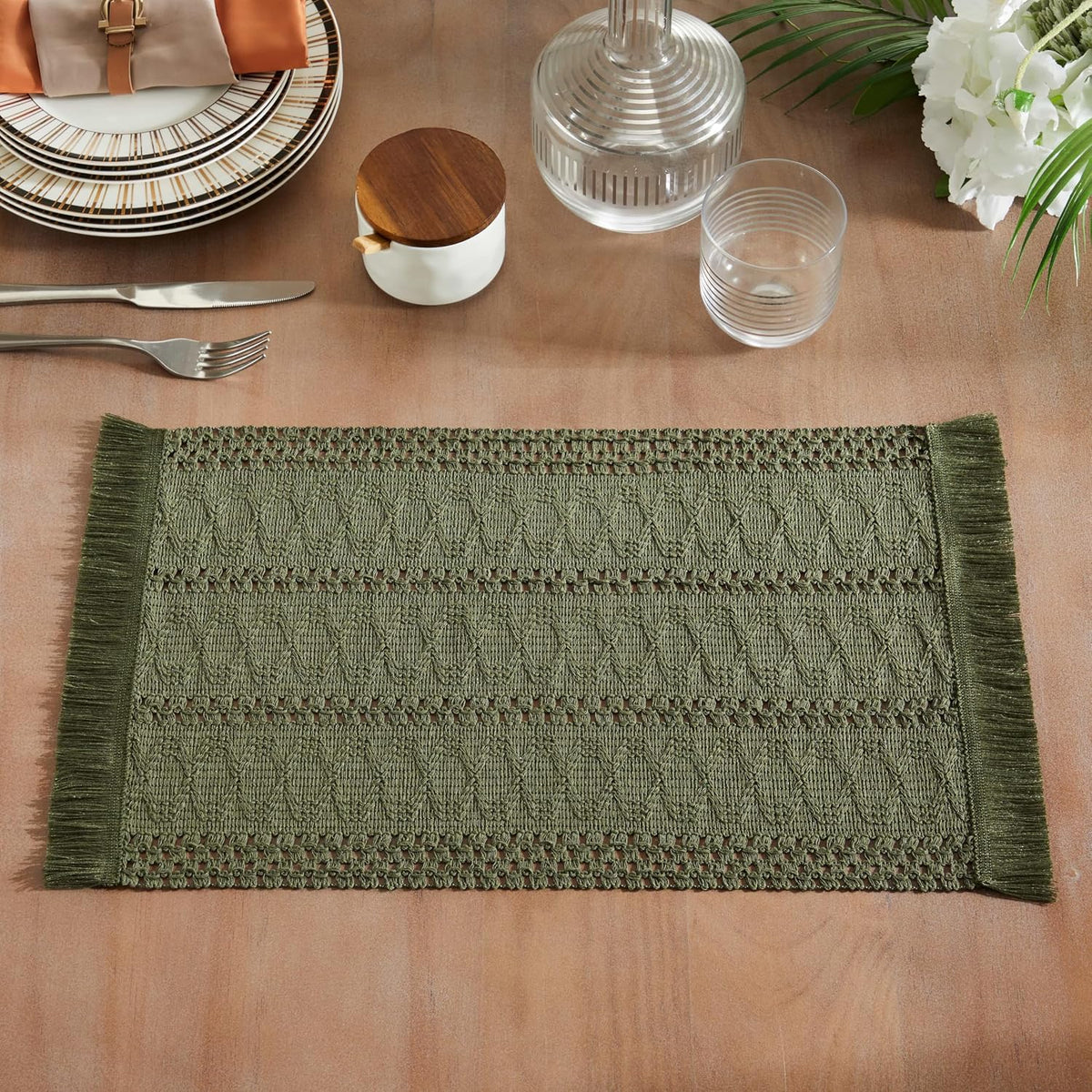 Macrame Style Boho Placemats Set of 6, Olive 12x20 Inch | Decorative Farmhouse Table Mats, Natural Cotton Woven Place