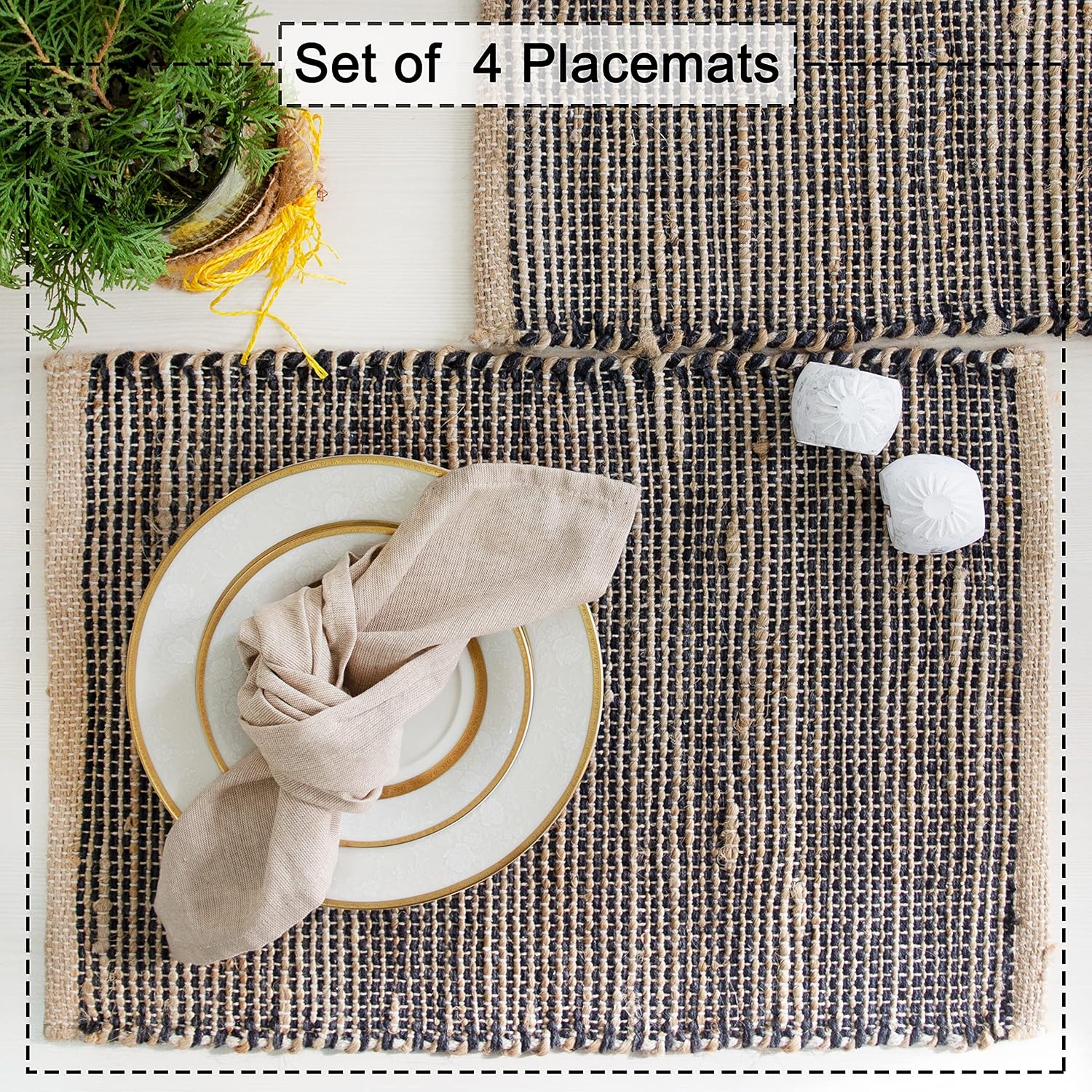Natural Jute & Black Placemats, Set of 4 – Rustic Handmade Boho Table Mats, 13x19 Inch Dining Table Placemats for