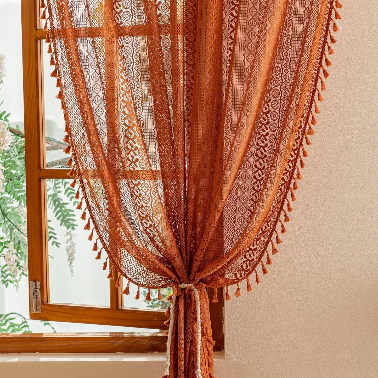 Boho Lace Curtains 2 Panels Long / Terracotta / 50"W x 84"L / Orange / 84 Inch