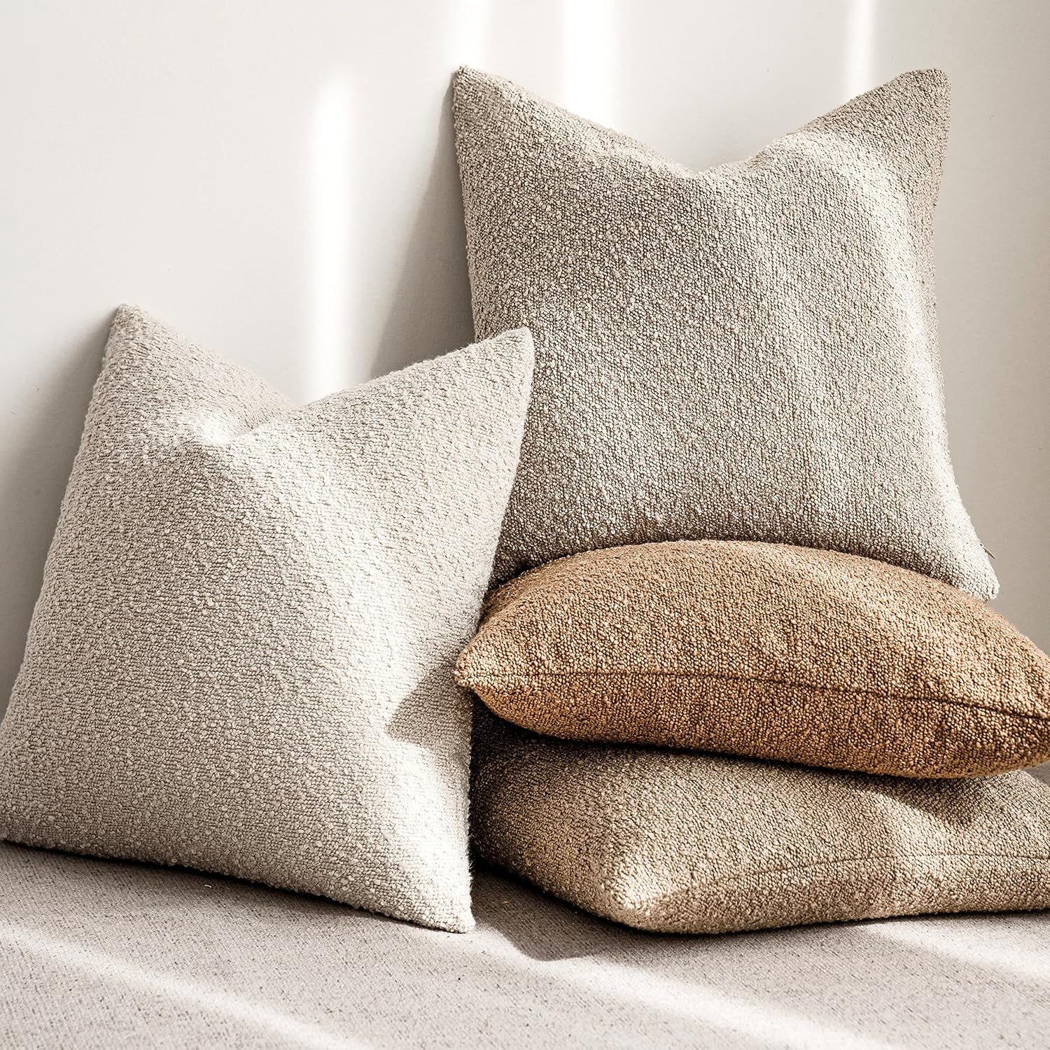 Textured Boucle Throw Pillow Covers Accent Solid Pillow Cases Soft / 18 x 18 / Beige / Set of 2