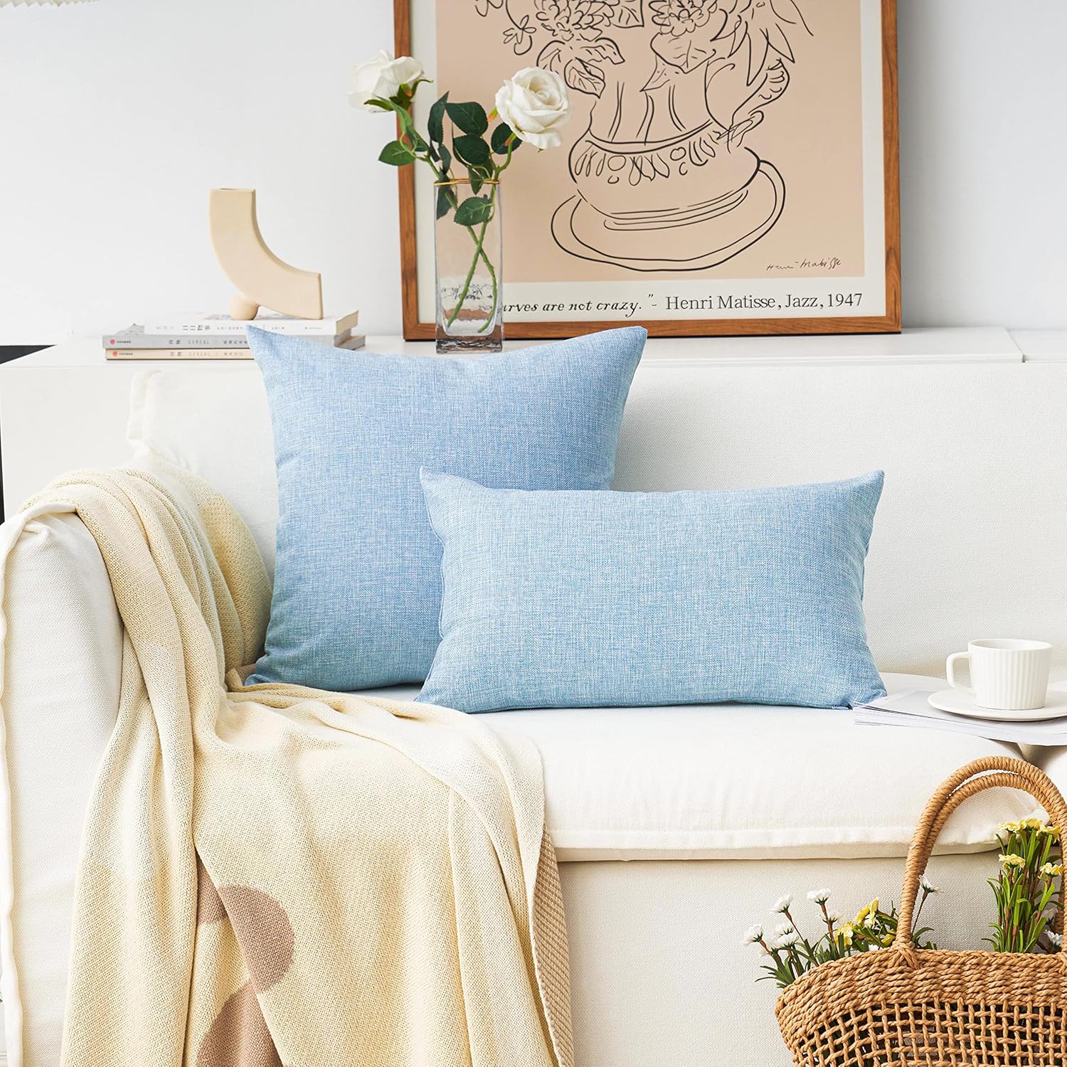 Lined Linen Cushion Covers Decorative Throw Pillow Covers / 18 x 18 / Light Blue / Set of 2