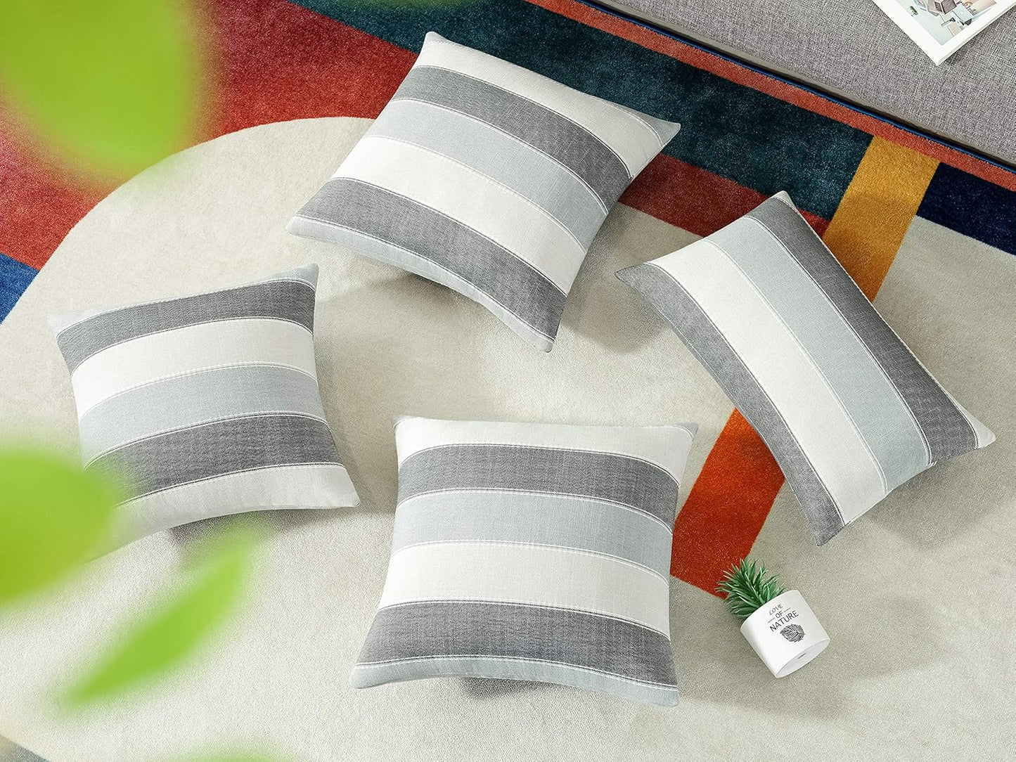Farmhouse Stripe Check Throw Pillow Covers Set Case Cotton / 18 x 18 / Dark Gray Beige / Set of 2