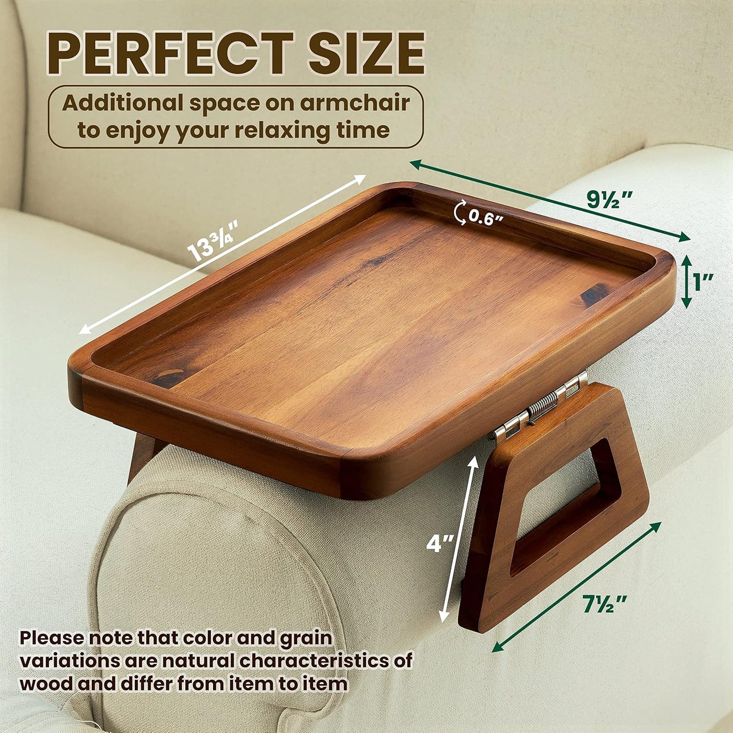 Wooden Sofa Arm Tray / Acacia / 13.8 x 9.5 x 1