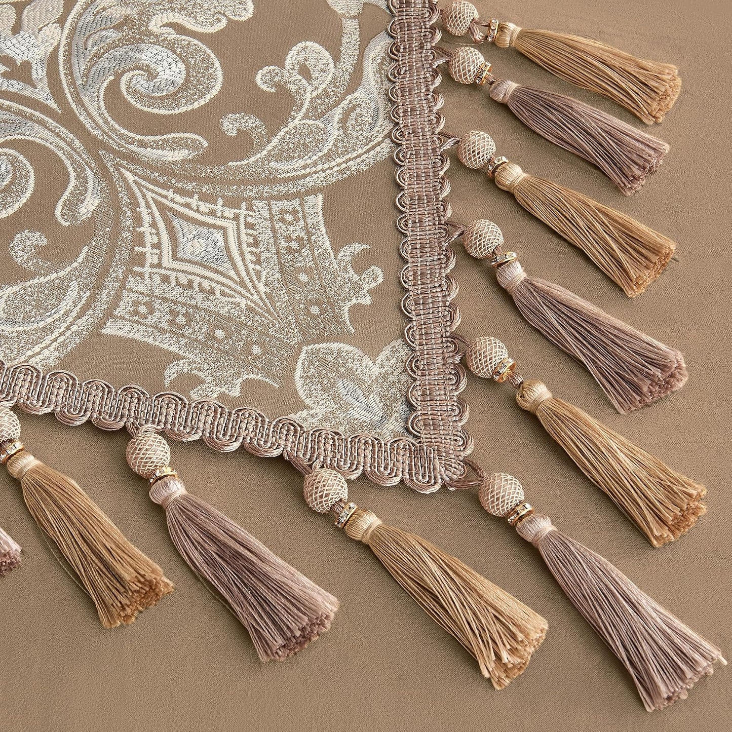 Loom and Mill Damask Floral Table Runner 72 Inches Long, Light Coffee | Luxury Jacquard Dining Table Runner with