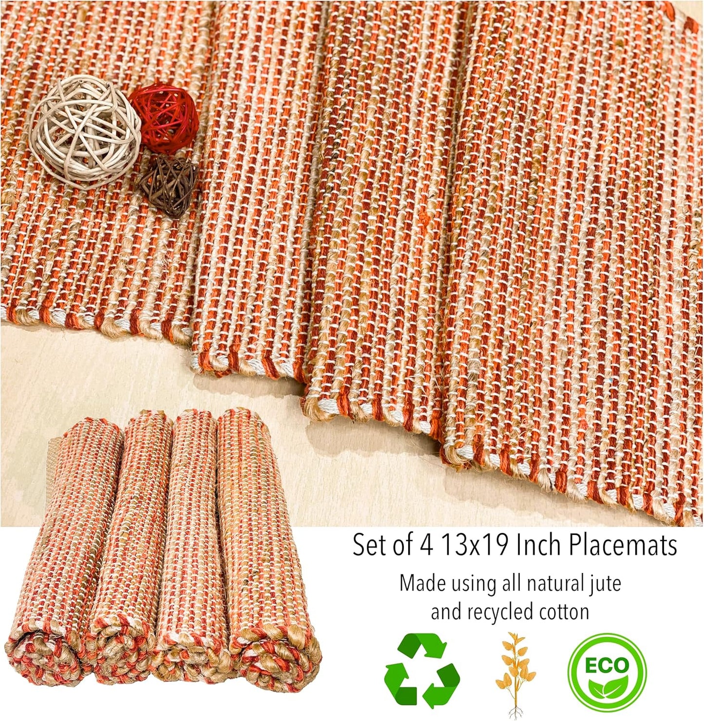Natural Jute & Rust Orange Placemats, Set of 4 – Rustic Handmade Boho Table Mats, 13x19 Inch Dining Table Placemats for