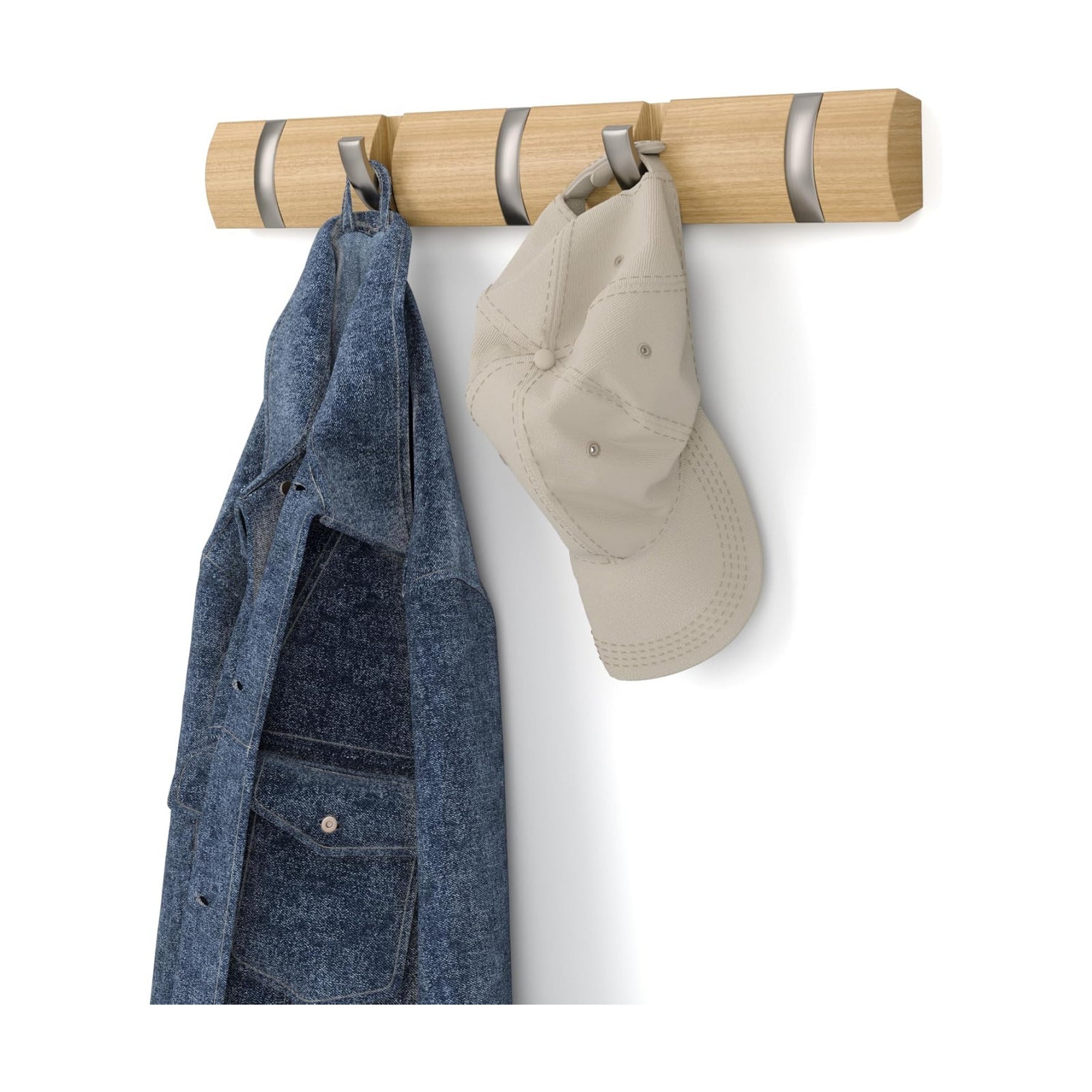 Umbra Flip 5 Wall Mounted Hook | Real wood and steel build, retractable hooks fold flat, holds coats bags and scarves
