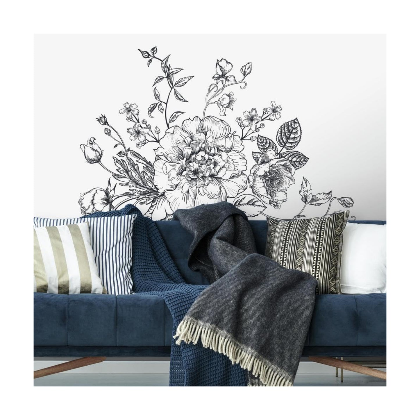 RMK3865GM and White Peony Peel and Stick Giant Wall Decals / Black