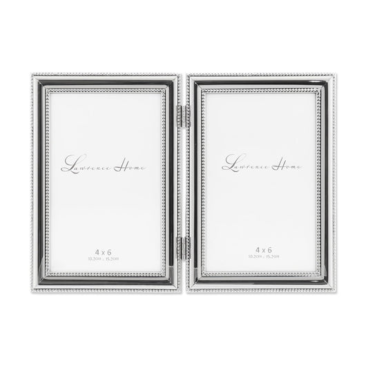 Lawrence Frames Hinged Double (Vertical) Metal Picture Frame Silver-Plate with Delicate Beading, 4 by 6-Inch