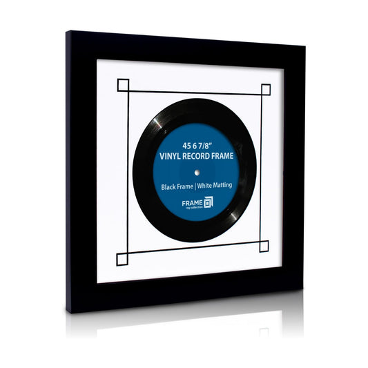 45 RPM Vinyl Record Frame | Wall Mounted Solid Wood Record Display Frame for Single 6 7/8-Inch Vinyl with White Mat