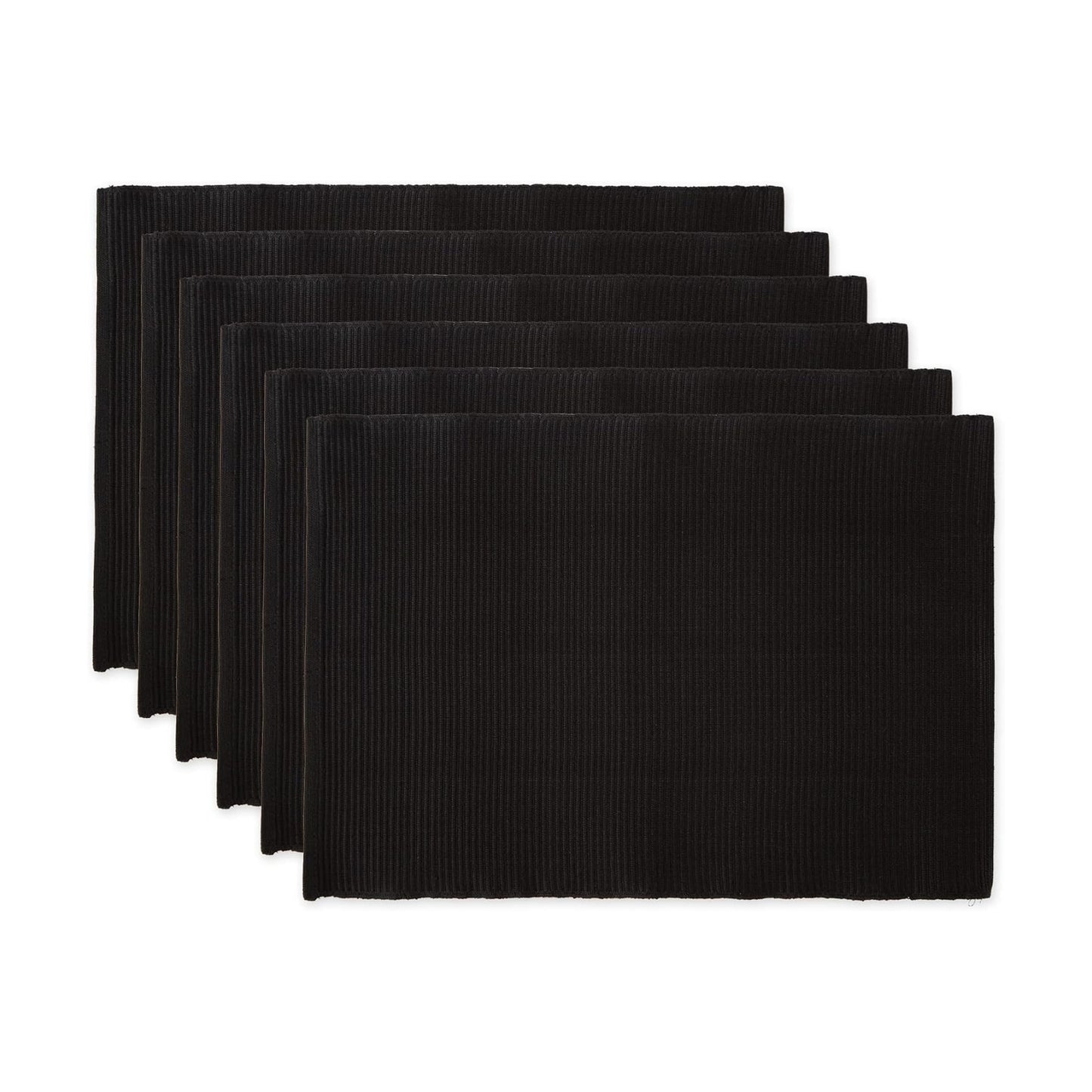 DII Basic Everyday Ribbed Tabletop 100% Cotton, Placemat Set, 13x19, Black, 6 Piece