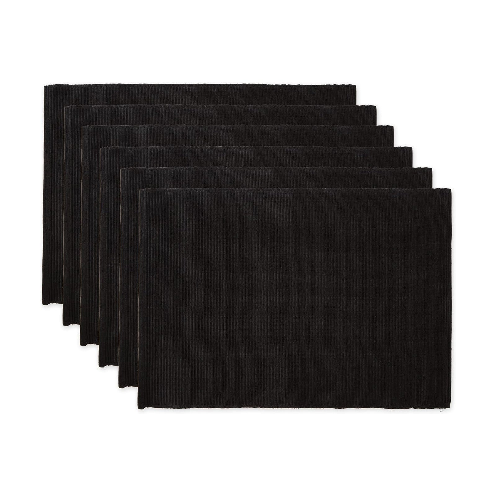 DII Basic Everyday Ribbed Tabletop 100% Cotton, Placemat Set, 13x19, Black, 6 Piece