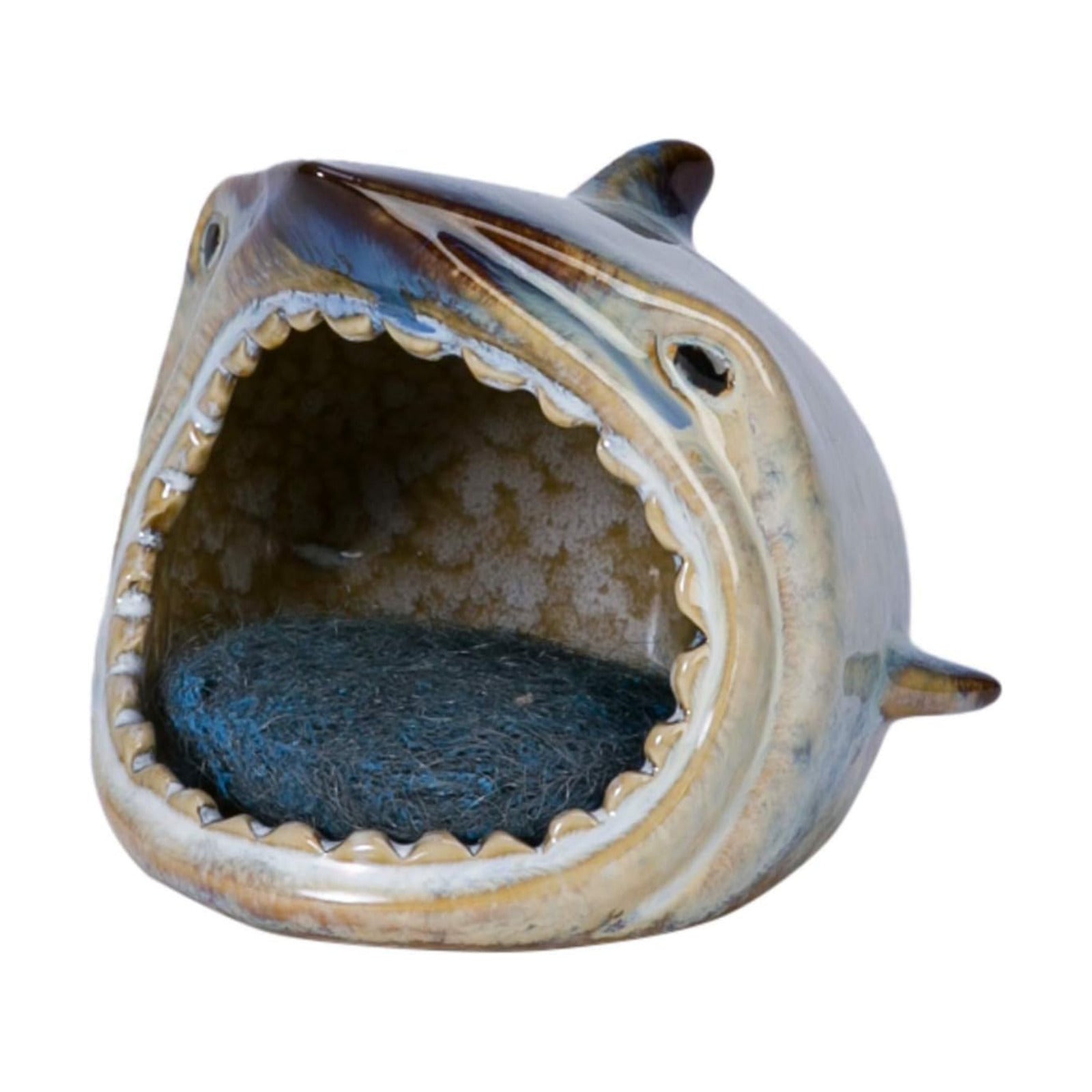 Ceramic Shark Holder For Scrubber Sponge Soap Coastal Beach Decor Decoration / Blue / 4.5 x 4 x 4.5