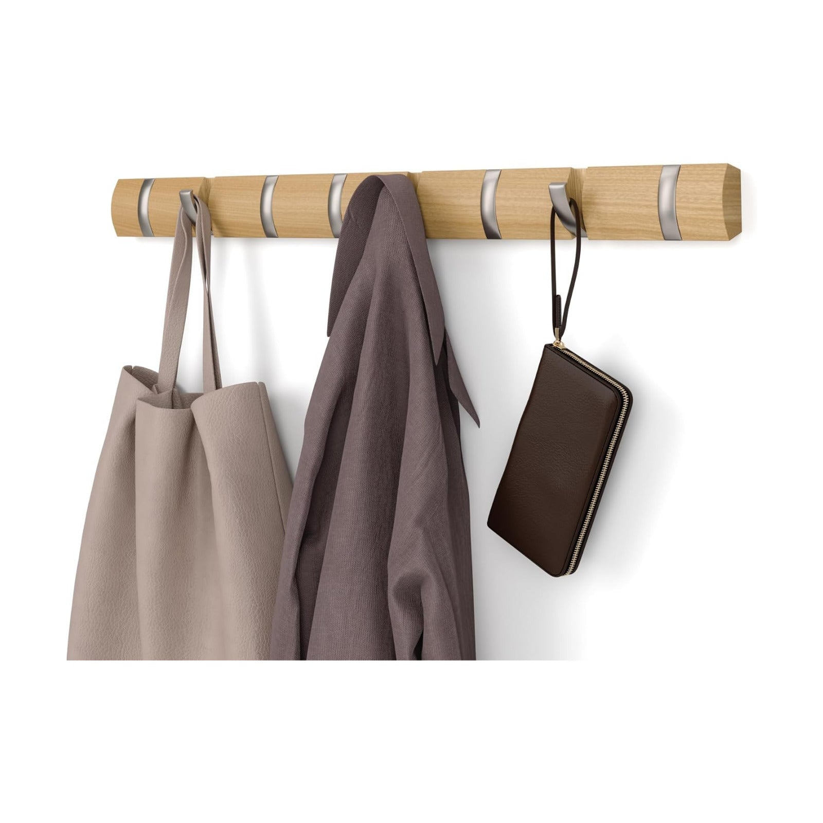 Umbra Flip Coat Rack, Wall Mount 8-Hook, Space Saving, Natural/Nickel | Real wood and steel build, retractable hooks
