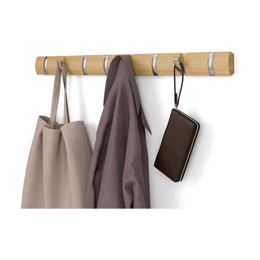 Umbra Flip Coat Rack, Wall Mount 8-Hook, Space Saving, Natural/Nickel | Real wood and steel build, retractable hooks