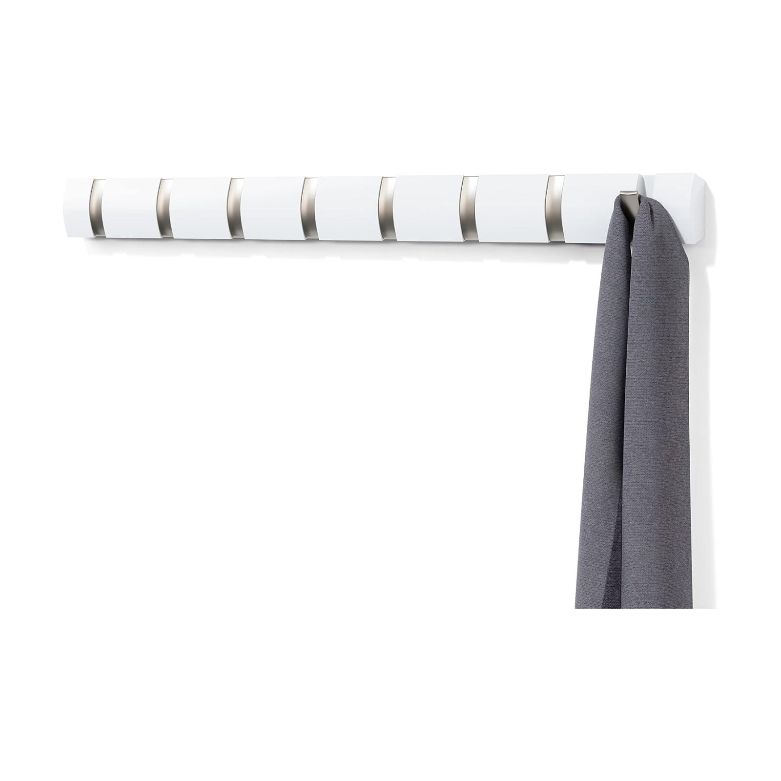 Umbra Flip Coat Rack, Wall Mount 8-Hook, Space Saving, White | Real wood and steel build, retractable hooks fold flat