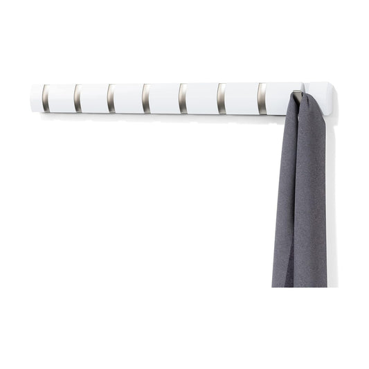 Umbra Flip Coat Rack, Wall Mount 8-Hook, Space Saving, White | Real wood and steel build, retractable hooks fold flat