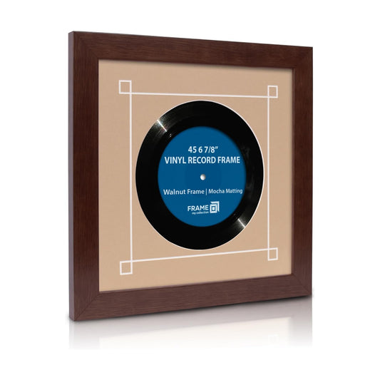 45 RPM Vinyl Record Frame | Wall Mounted Solid Wood Record Display Frame for Single 6 7/8-Inch Vinyl with Mocha Mat