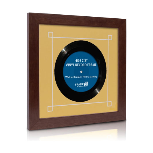 45 RPM Vinyl Record Frame | Wall Mounted Solid Wood Record Display Frame for Single 6 7/8-Inch Vinyl with Yellow Mat